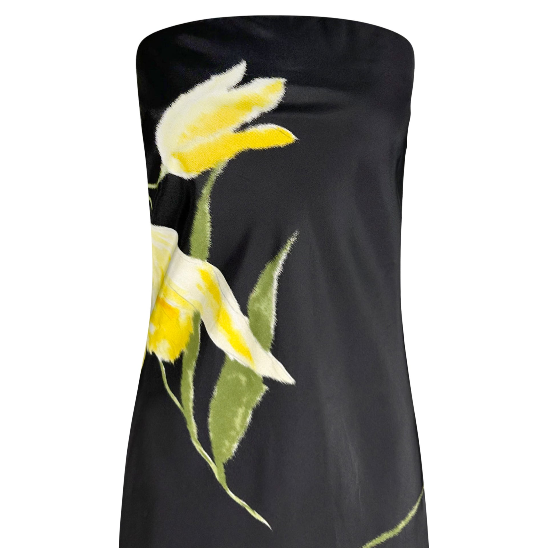 S/S 2000 Ralph Lauren Runway Black Yellow Floral Strapless Cocktail Dress