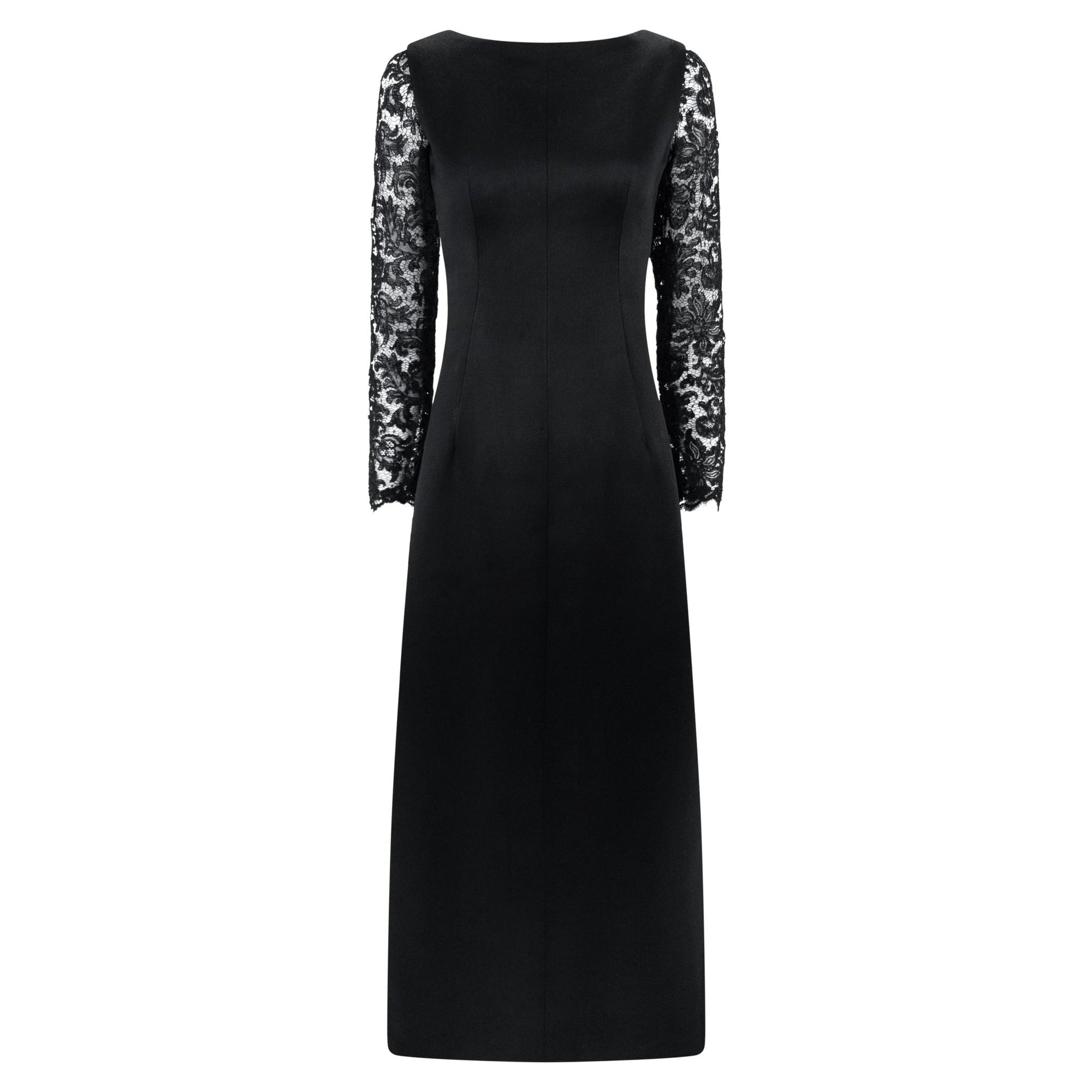 1960s Givenchy Haute Couture Black Satin Lace Sleeve A - Line Gown - RealList