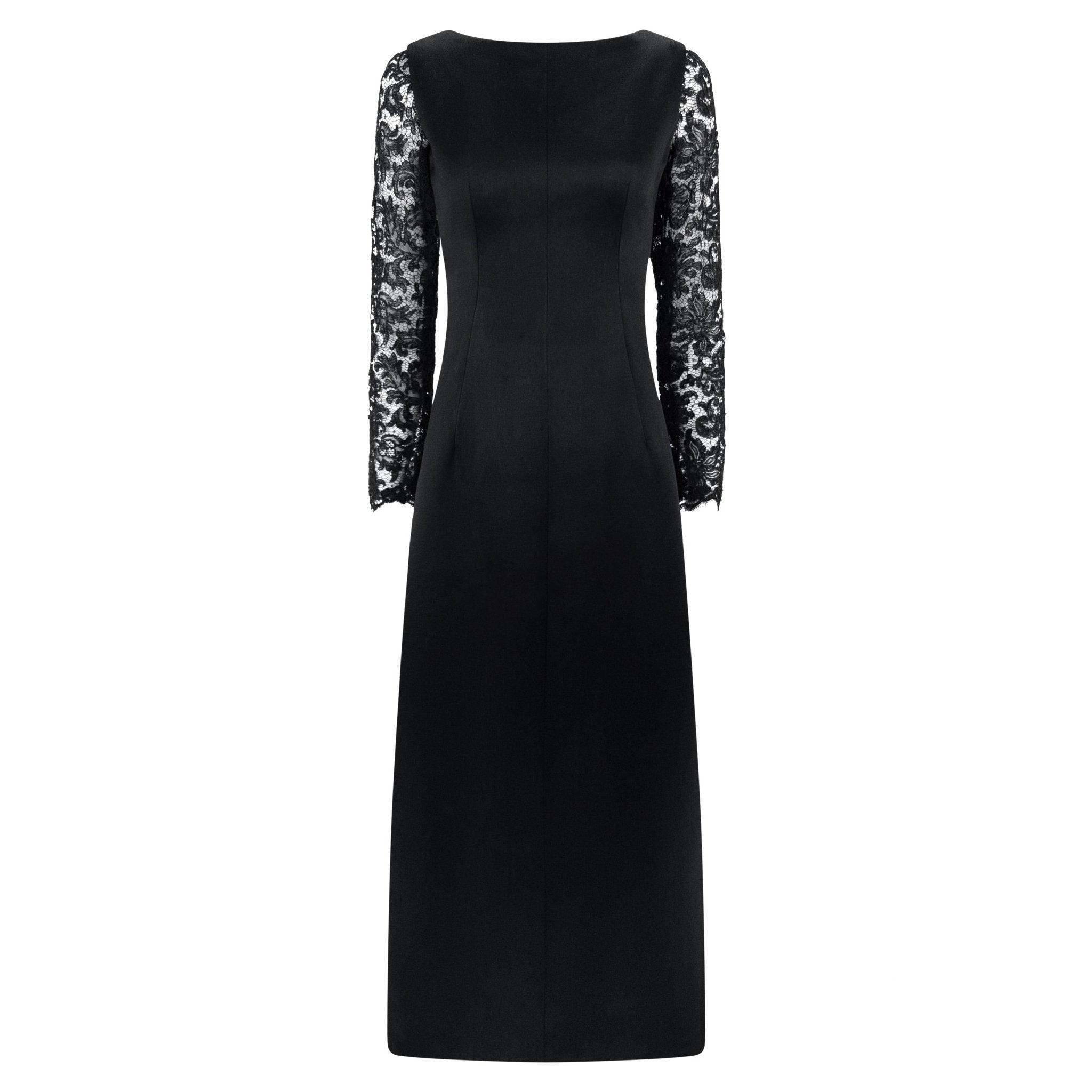 1960s Givenchy Haute Couture Black Satin Lace Sleeve A - Line Gown - RealList