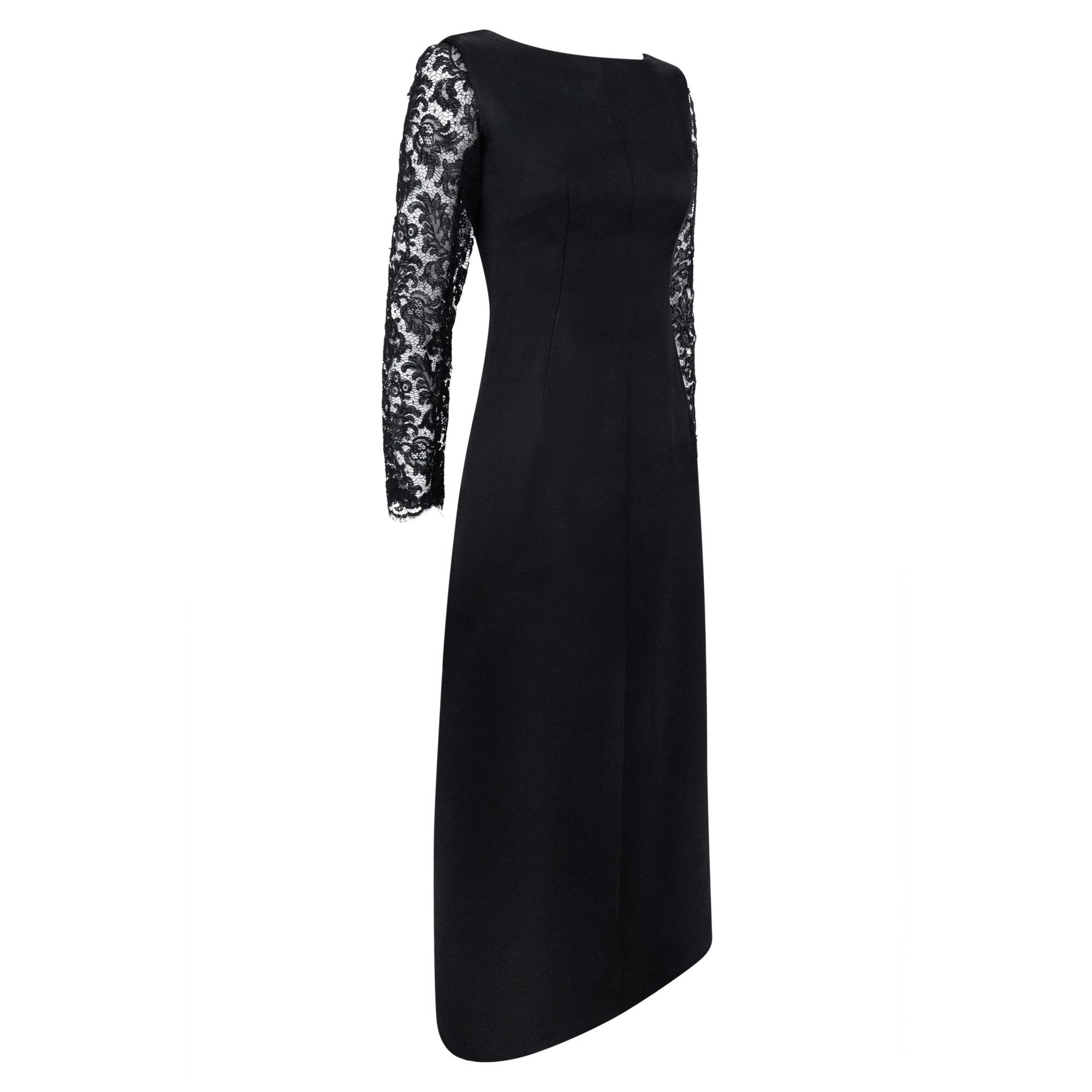 1960s Givenchy Haute Couture Black Satin Lace Sleeve A - Line Gown - RealList
