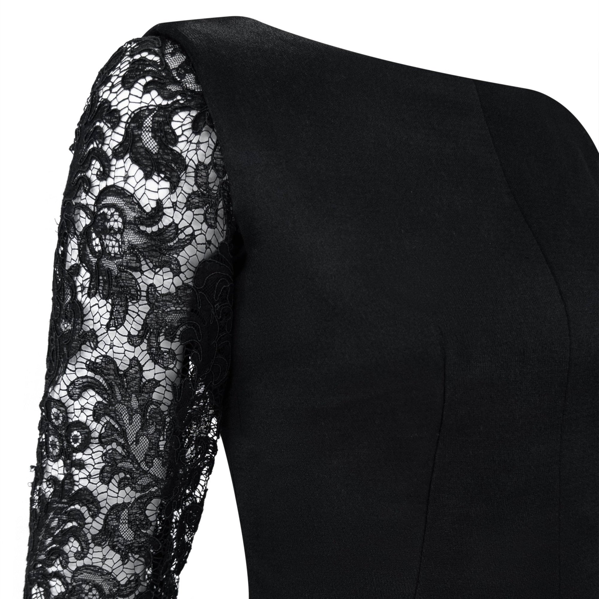 1960s Givenchy Haute Couture Black Satin Lace Sleeve A - Line Gown - RealList