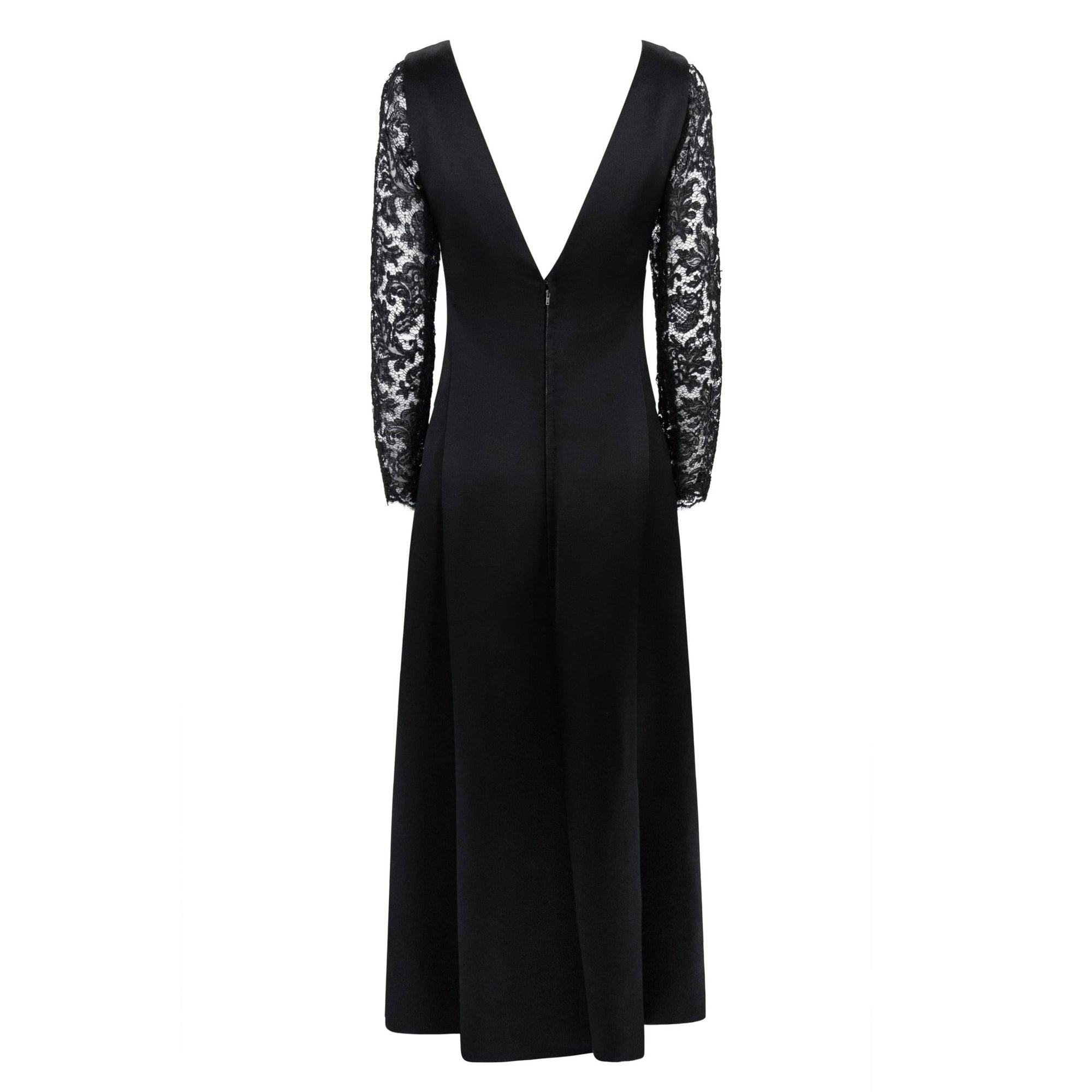 1960s Givenchy Haute Couture Black Satin Lace Sleeve A - Line Gown - RealList
