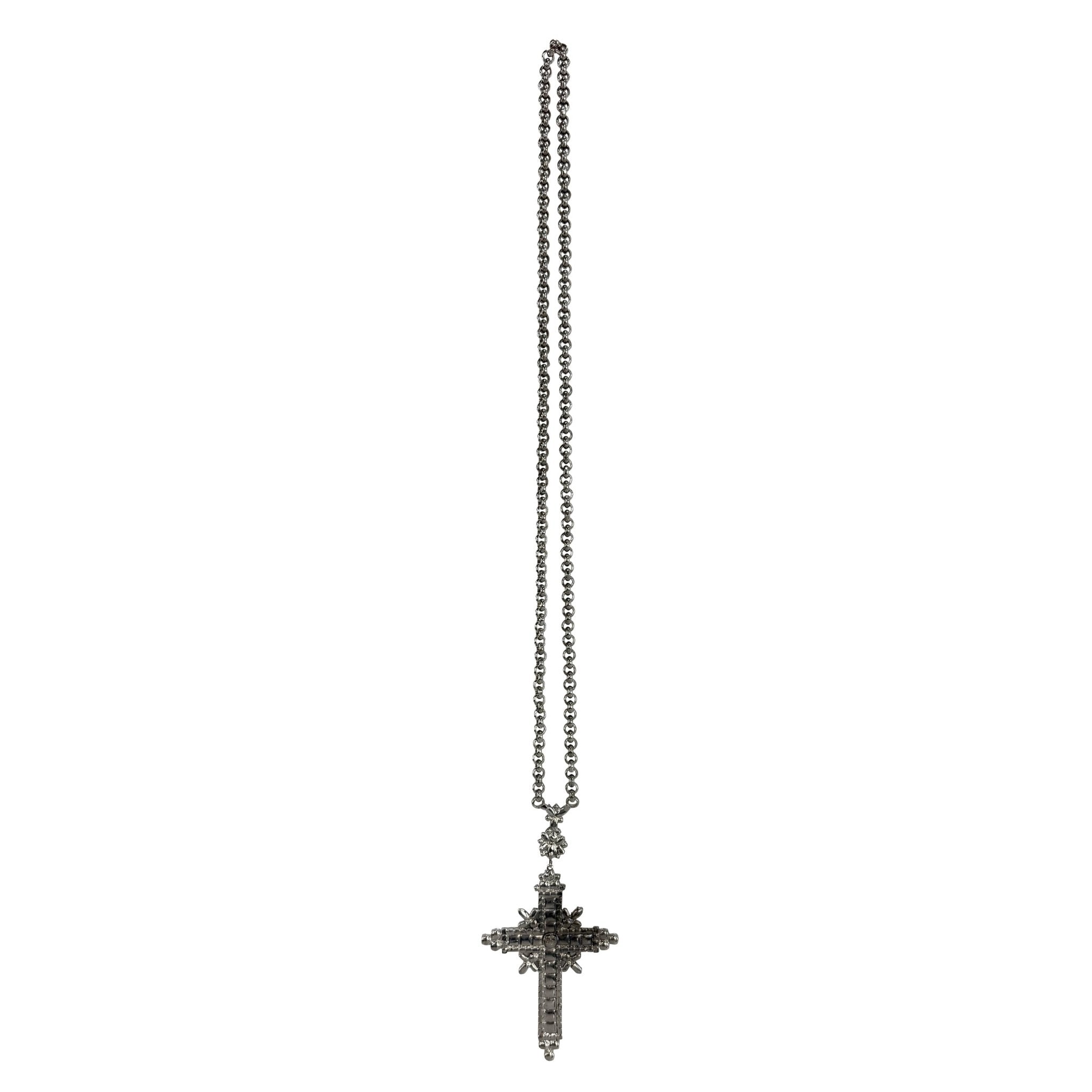 1970s Christian Dior Oversized Emerald Green Rhinestone Silver Crucifix Necklace - RealList