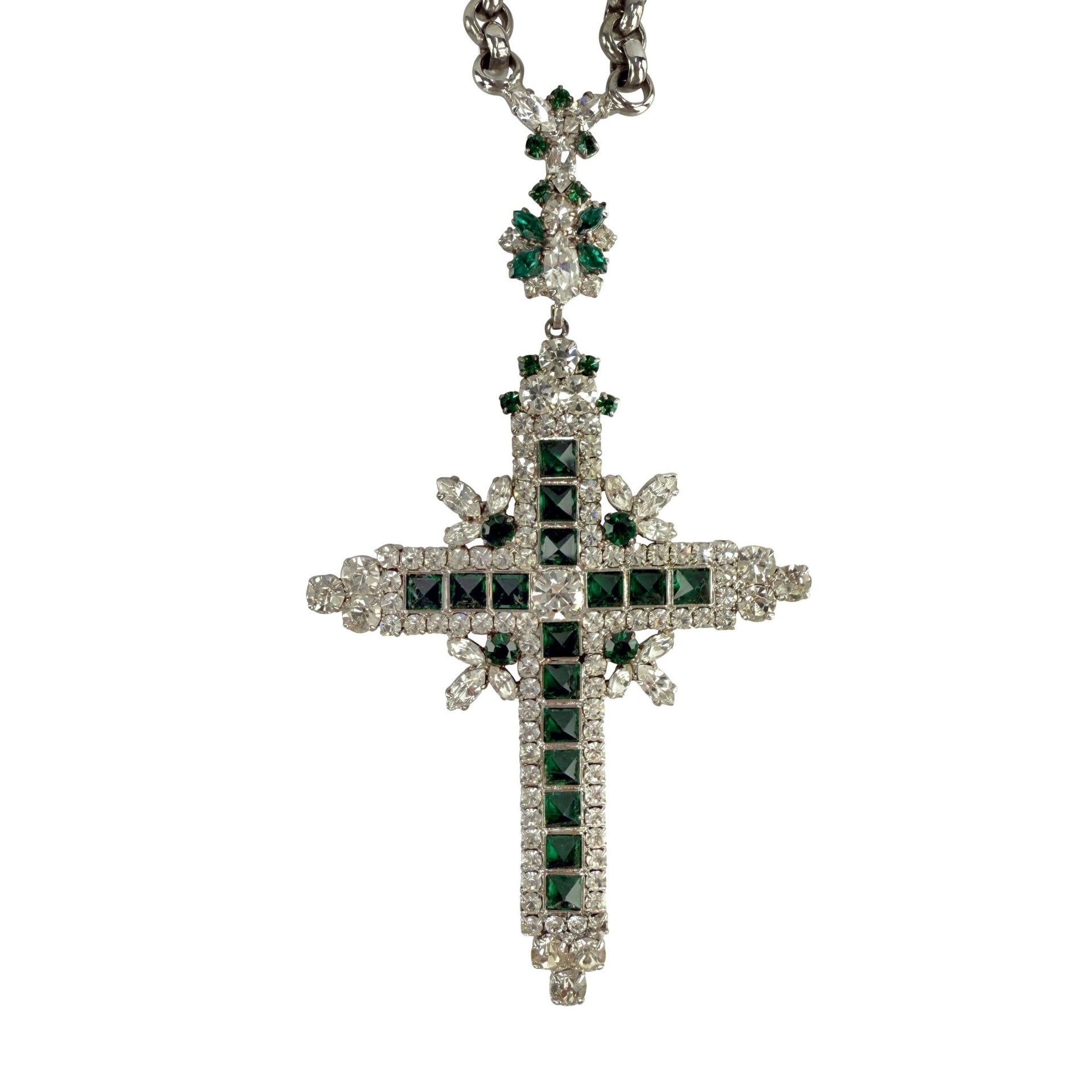 1970s Christian Dior Oversized Emerald Green Rhinestone Silver Crucifix Necklace - RealList