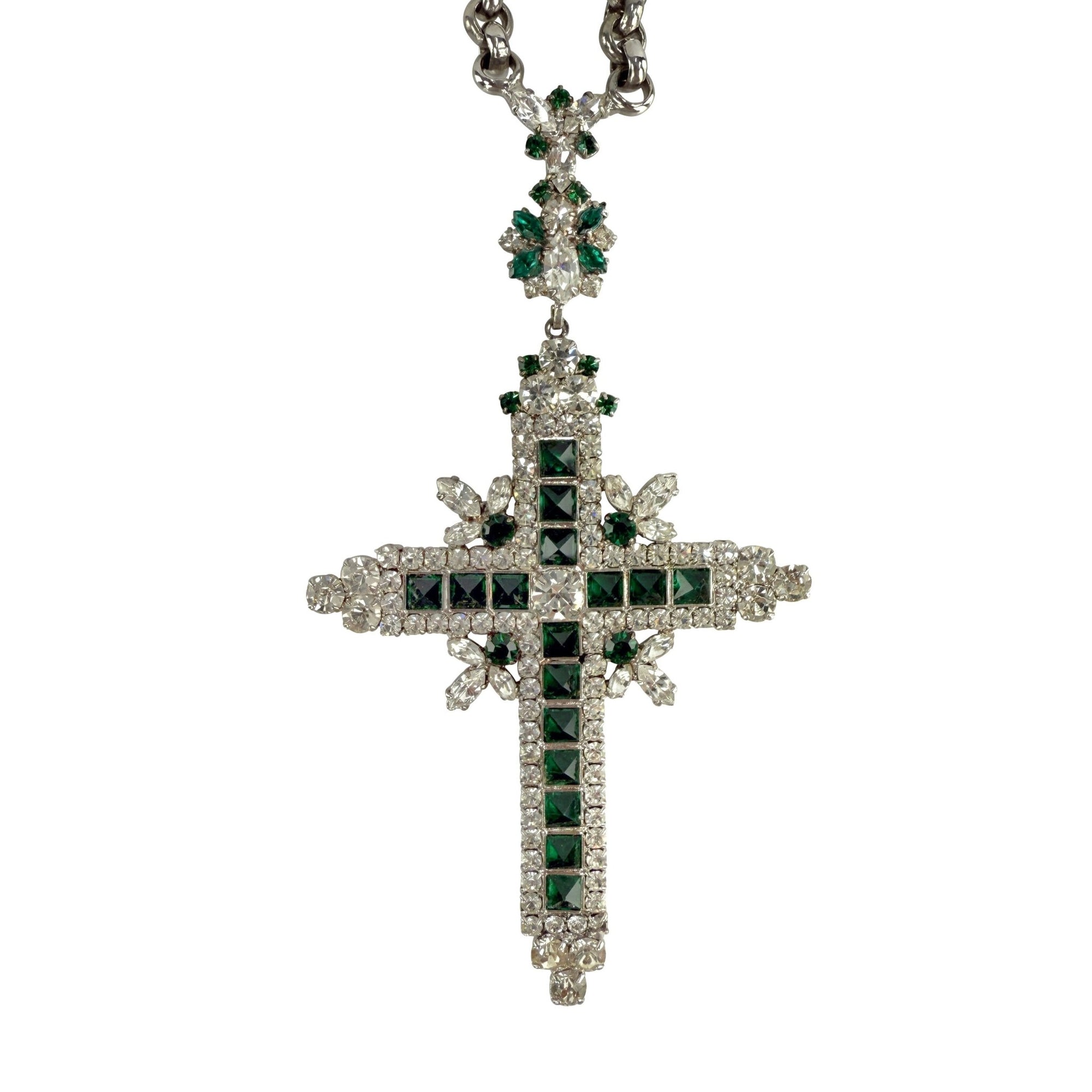 1970s Christian Dior Oversized Emerald Green Rhinestone Silver Crucifix Necklace - RealList