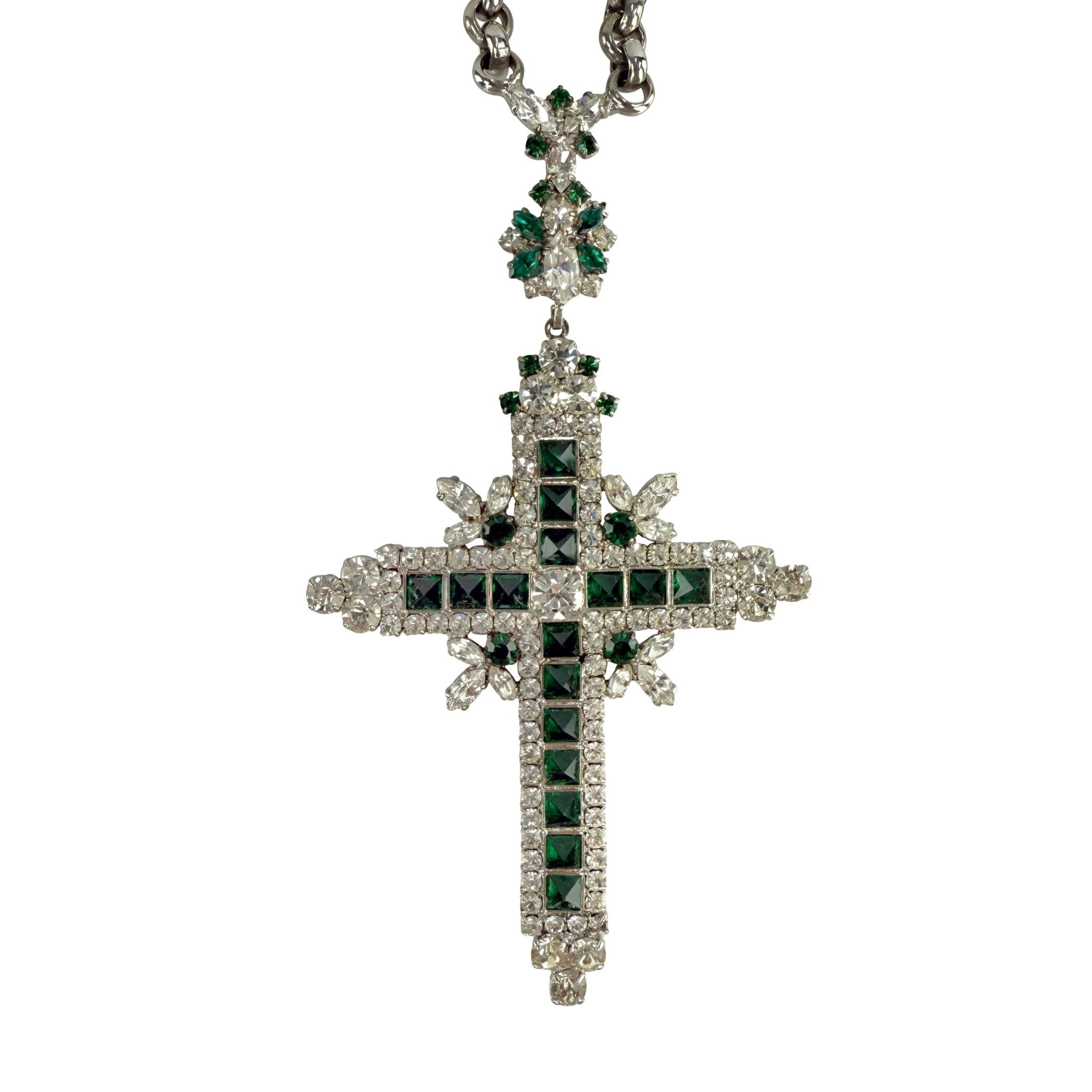 1970s Christian Dior Oversized Emerald Green Rhinestone Silver Crucifix Necklace - RealList
