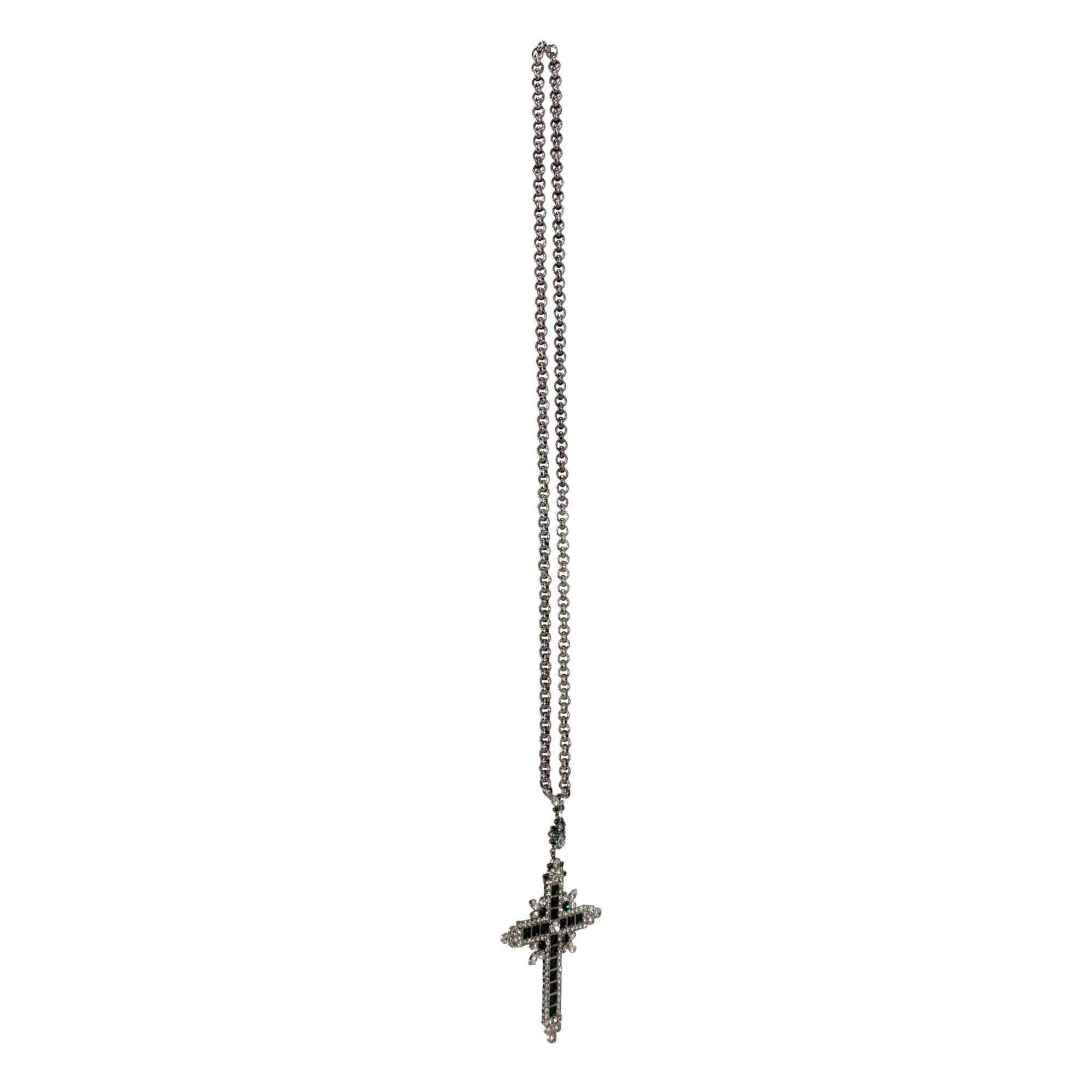 1970s Christian Dior Oversized Emerald Green Rhinestone Silver Crucifix Necklace - RealList
