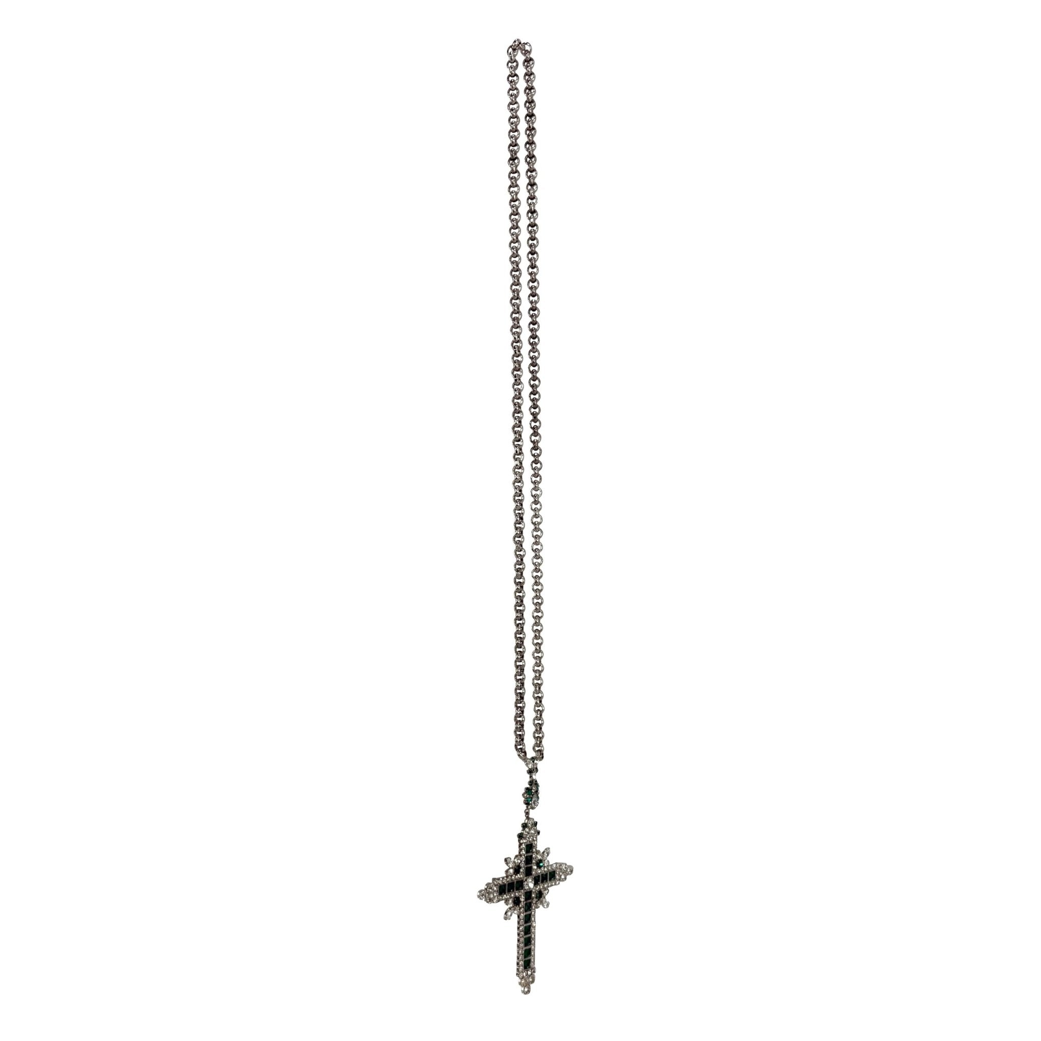 1970s Christian Dior Oversized Emerald Green Rhinestone Silver Crucifix Necklace - RealList