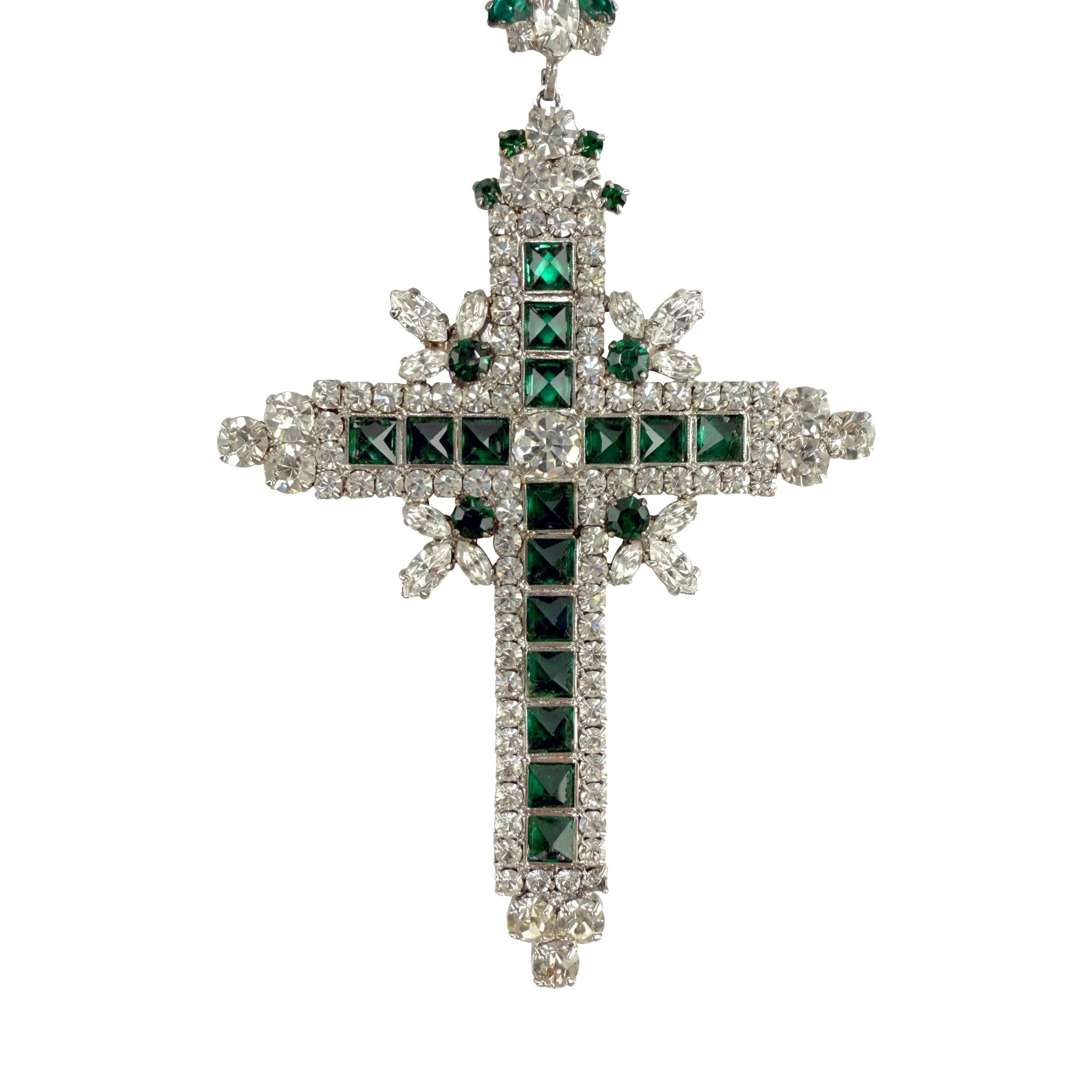 1970s Christian Dior Oversized Emerald Green Rhinestone Silver Crucifix Necklace - RealList