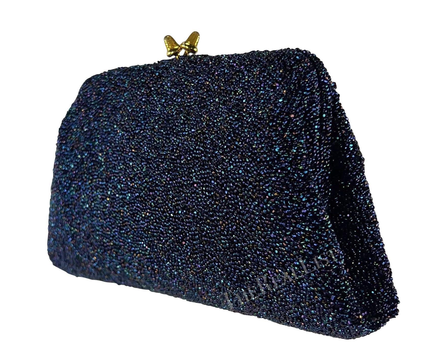 1970s Gucci Iridescent Blue Caviar Beaded Mini Evening Kiss - Lock Clutch - RealList