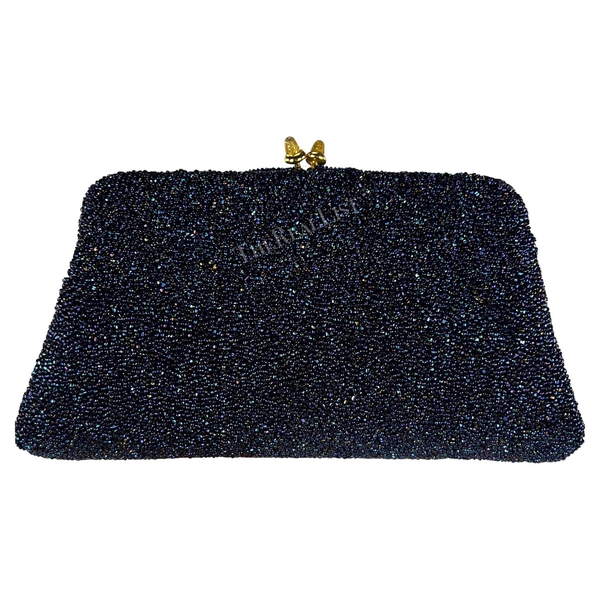 1970s Gucci Iridescent Blue Caviar Beaded Mini Evening Kiss - Lock Clutch - RealList