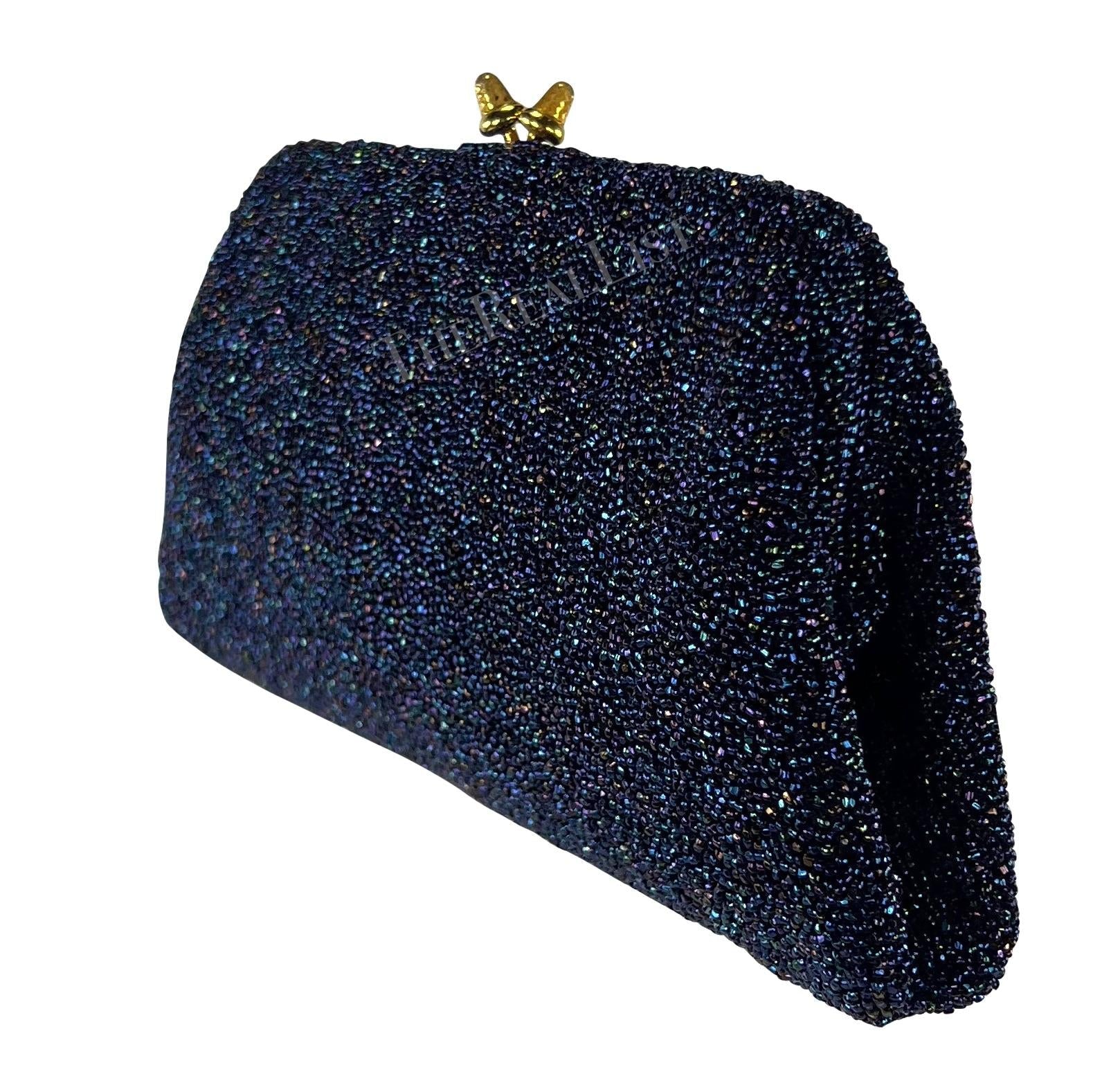 1970s Gucci Iridescent Blue Caviar Beaded Mini Evening Kiss - Lock Clutch - RealList