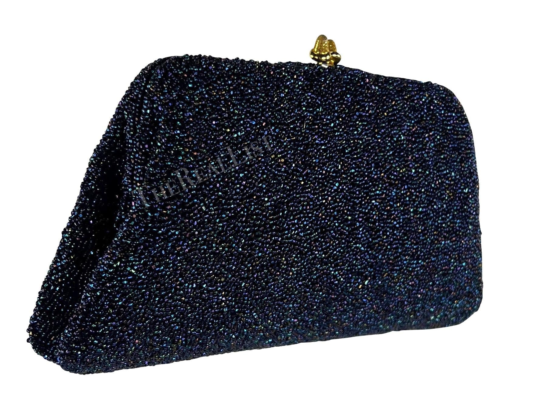 1970s Gucci Iridescent Blue Caviar Beaded Mini Evening Kiss - Lock Clutch - RealList