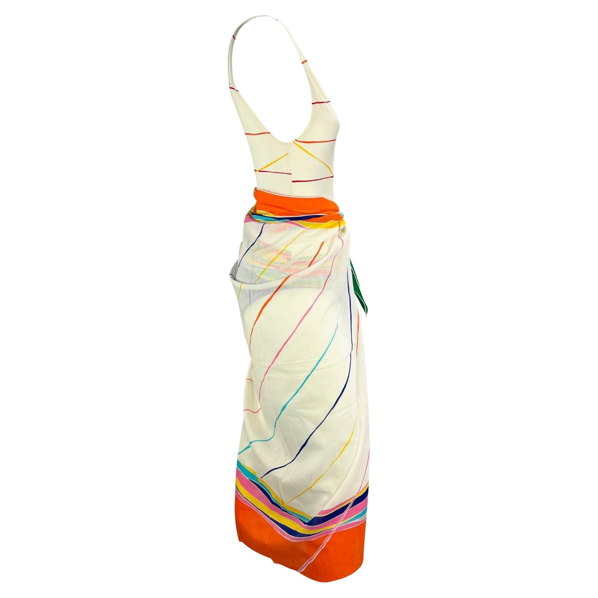 1970s Gucci White Stripe Blue Bathing Suit with Matching Pareo Shawl Cover Up Set - RealList