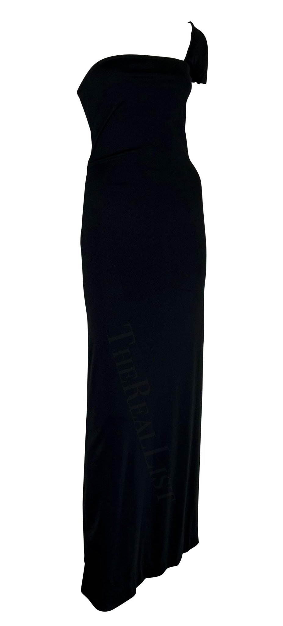 1970s Rudi Gernreich Black Single Shoulder High Slit Bodycon Column Stretch Gown - RealList