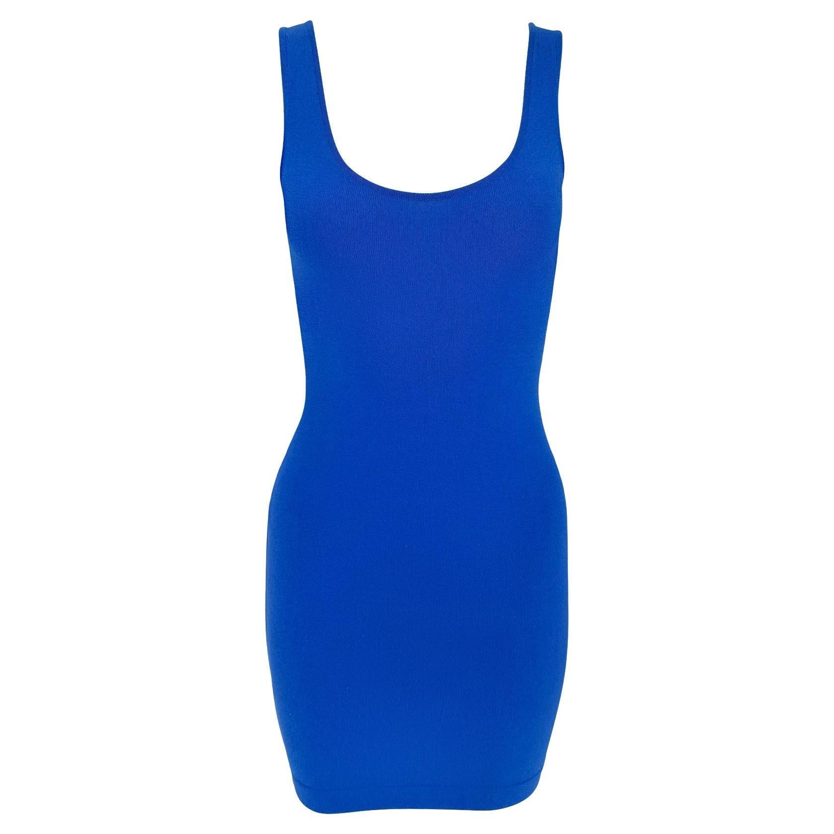 1980s Donna Karan Blue Bodycon Knit V Neck Plunging Cocktail Dress - RealList