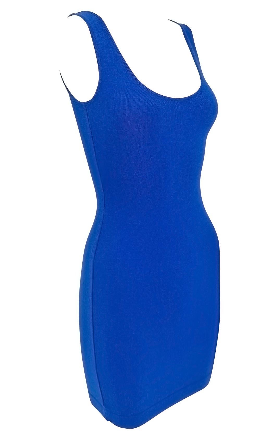 1980s Donna Karan Blue Bodycon Knit V Neck Plunging Cocktail Dress - RealList