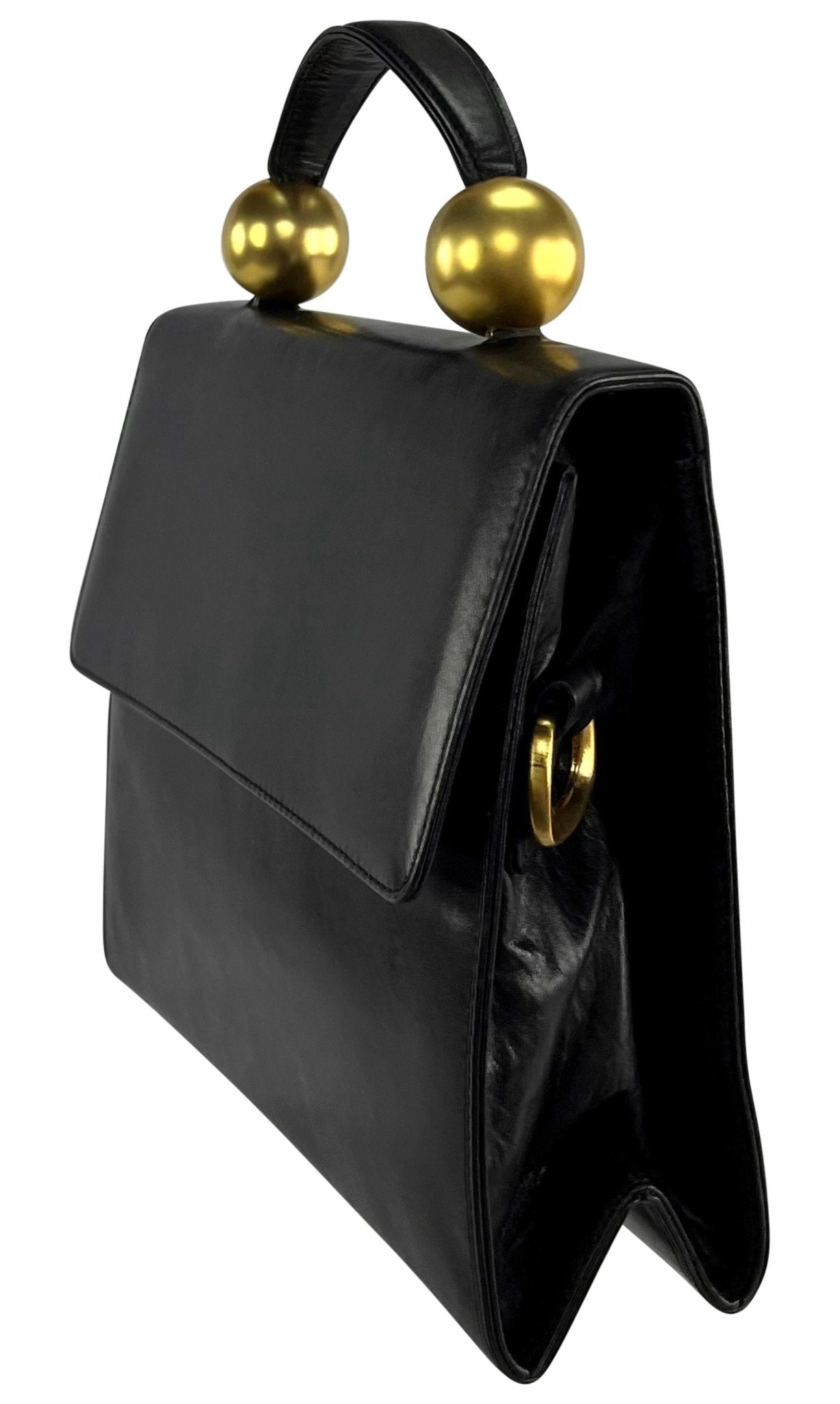 1980s Donna Karan Gold Bauble Black Leather Top Handle Crossbody Bag - RealList
