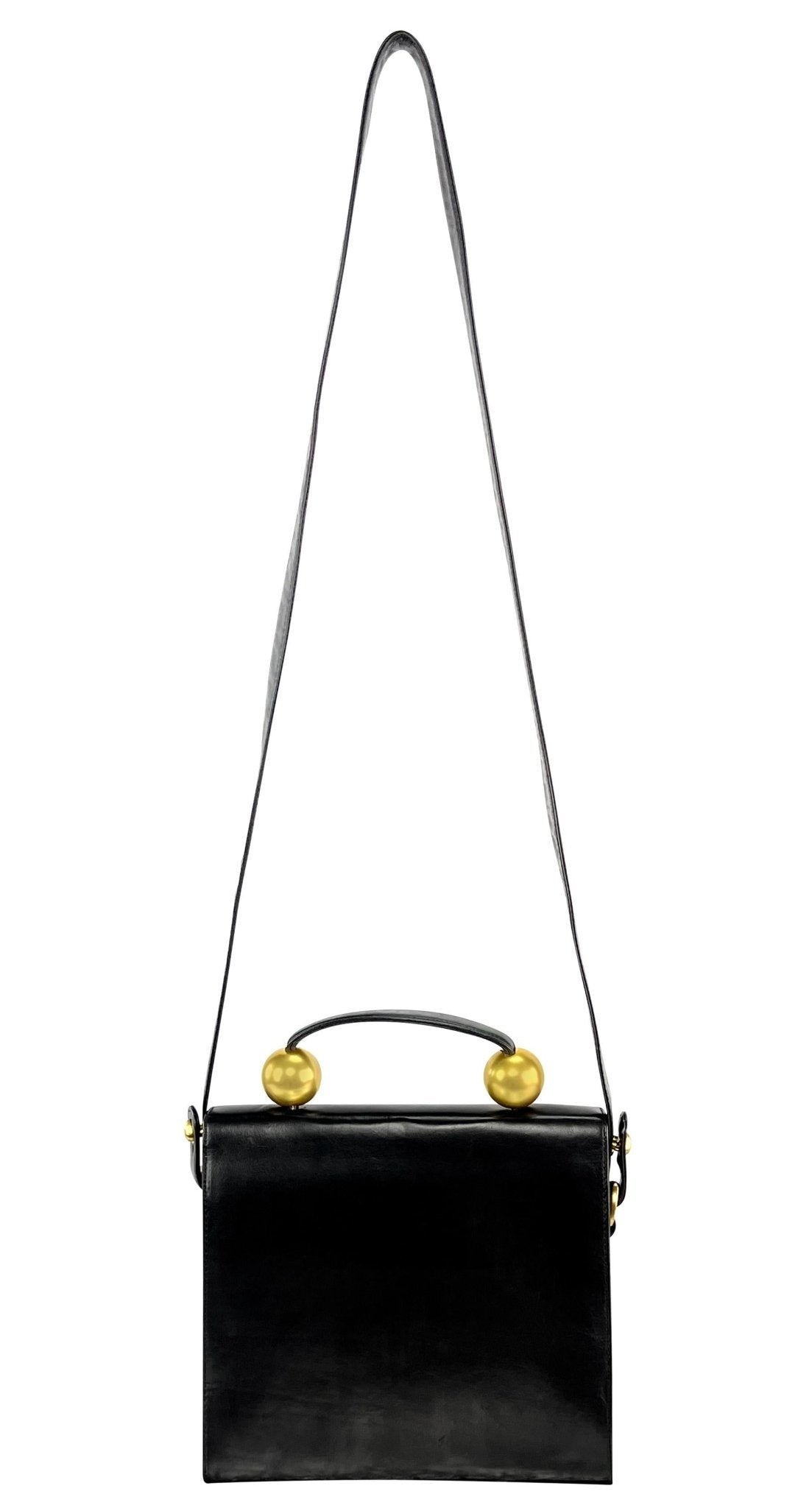 1980s Donna Karan Gold Bauble Black Leather Top Handle Crossbody Bag - RealList