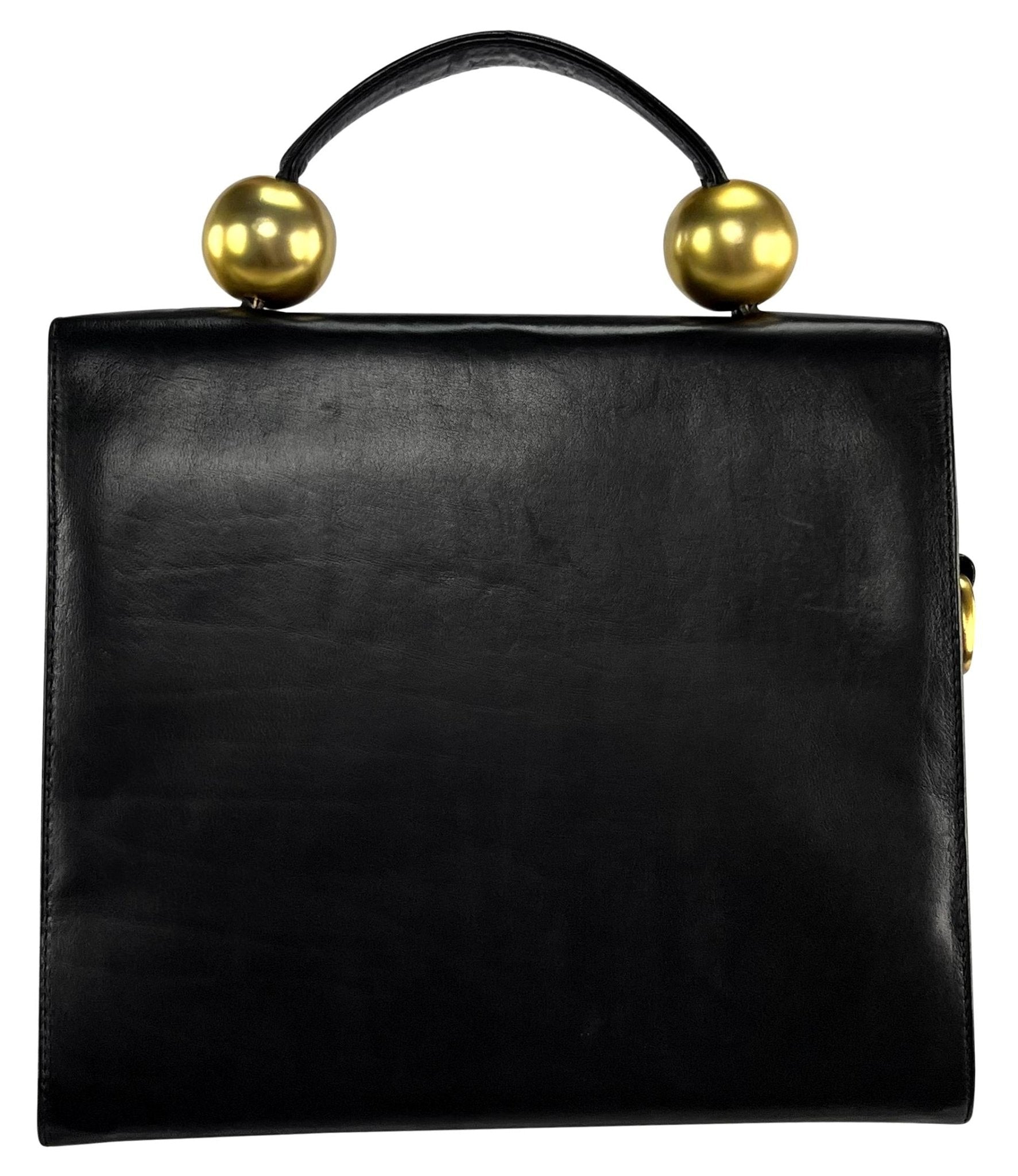 1980s Donna Karan Gold Bauble Black Leather Top Handle Crossbody Bag - RealList