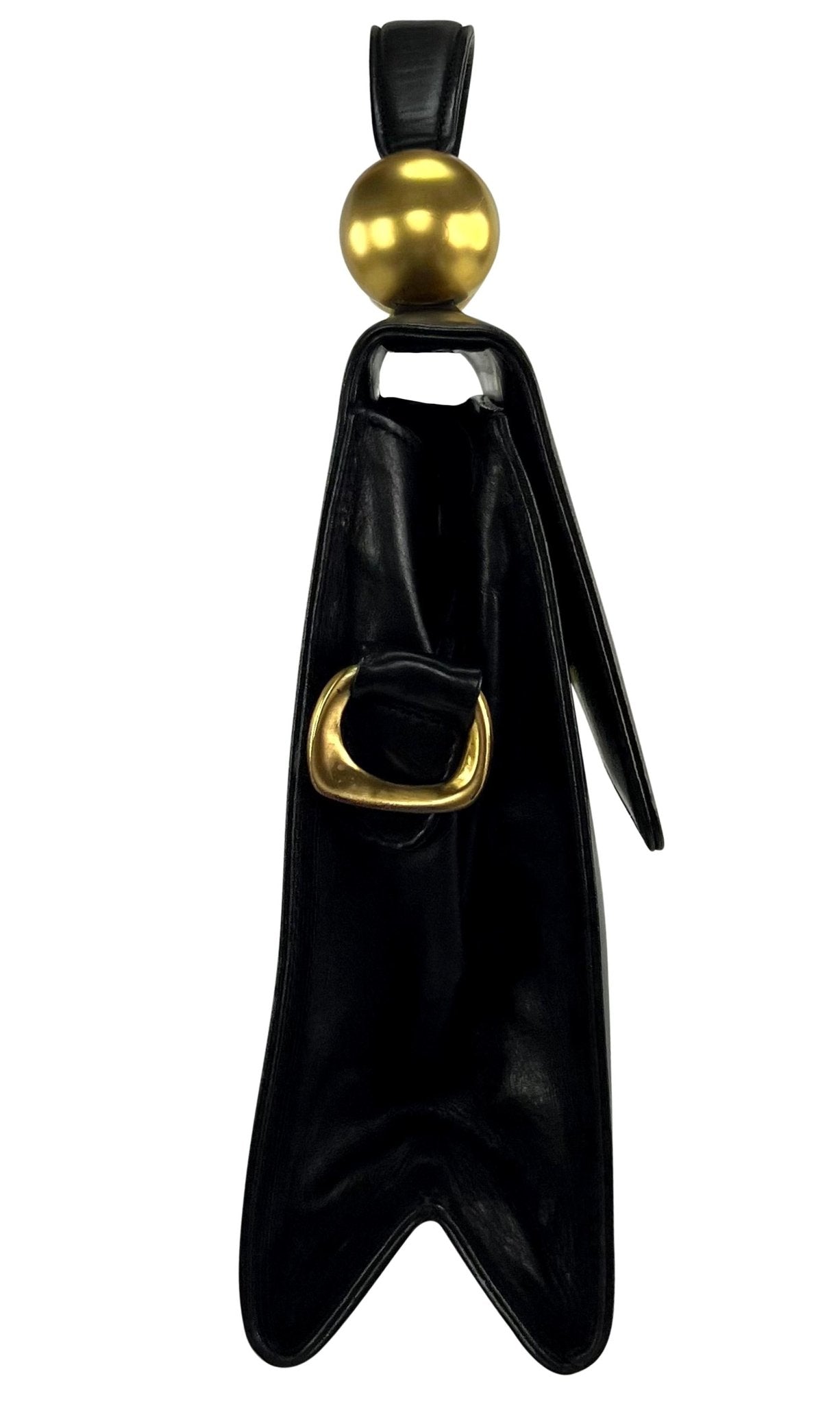 1980s Donna Karan Gold Bauble Black Leather Top Handle Crossbody Bag - RealList