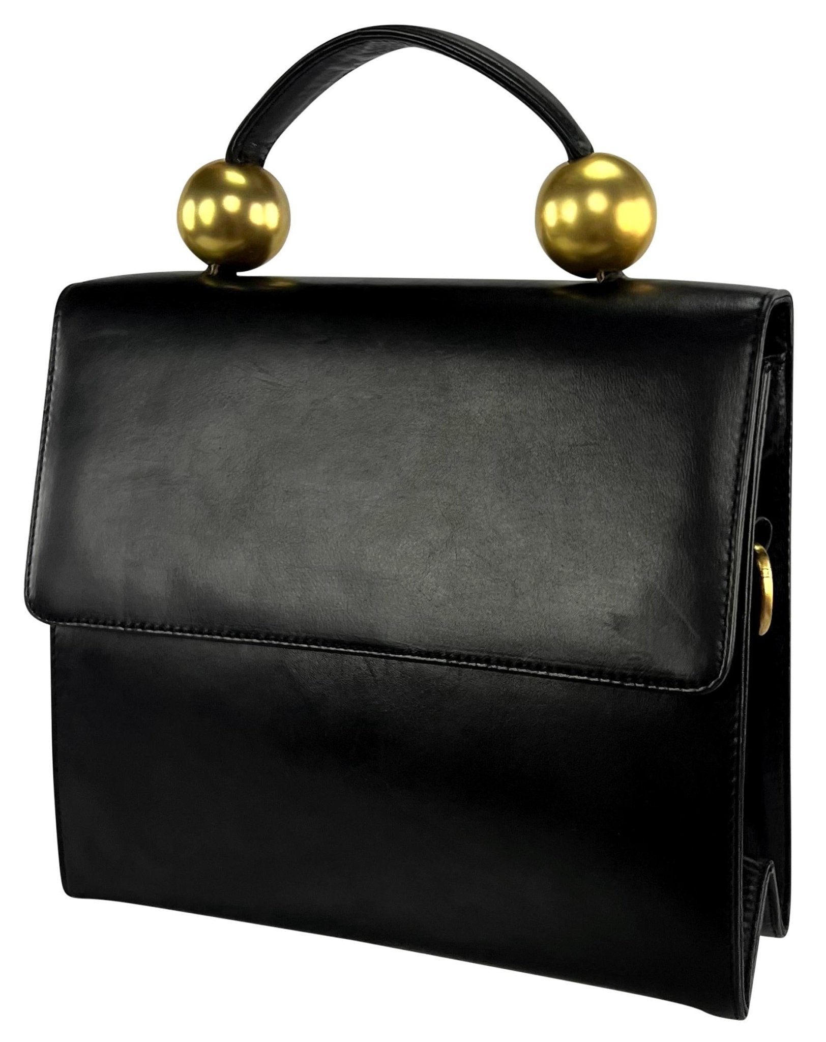 1980s Donna Karan Gold Bauble Black Leather Top Handle Crossbody Bag - RealList