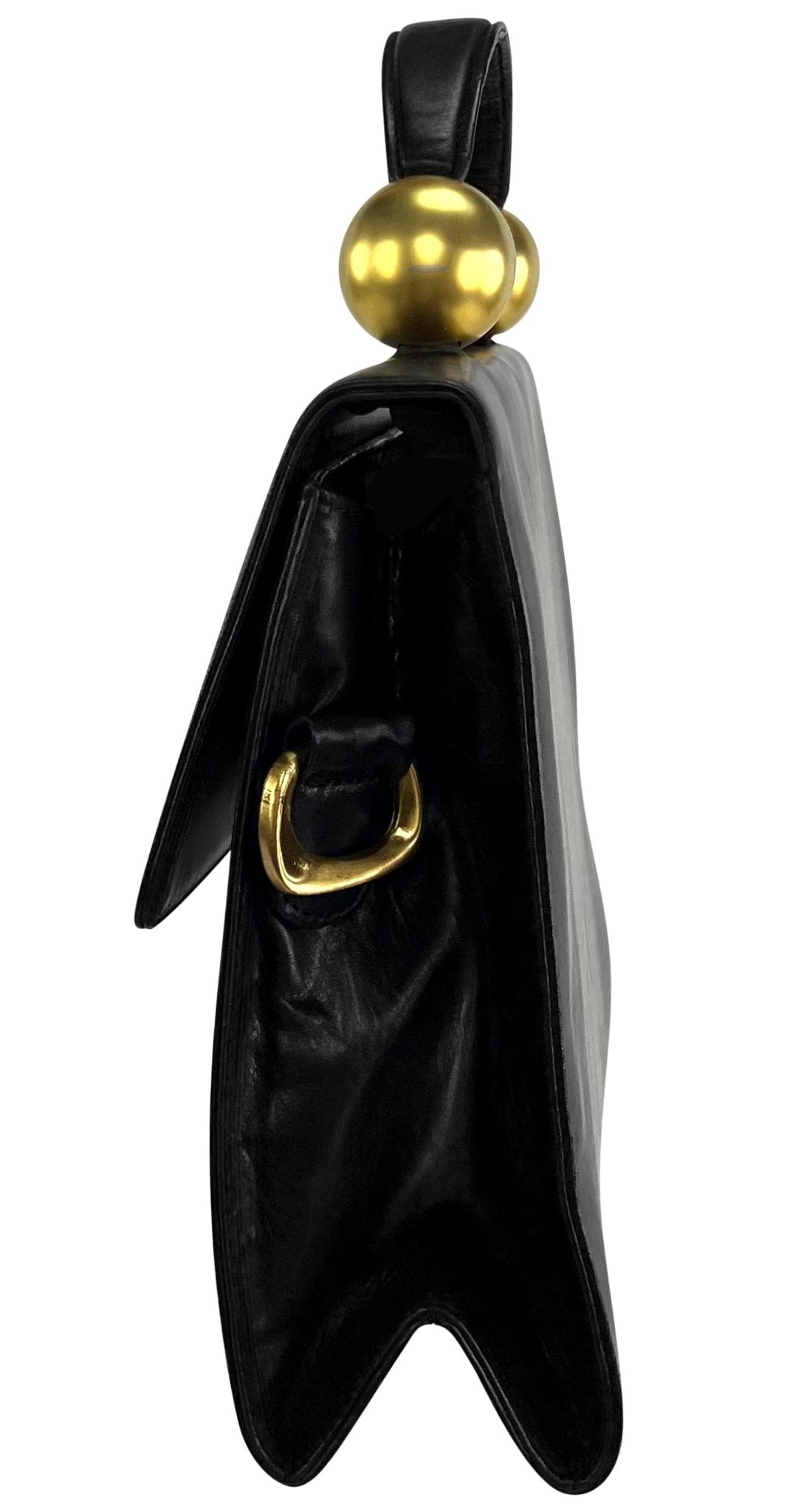 1980s Donna Karan Gold Bauble Black Leather Top Handle Crossbody Bag - RealList