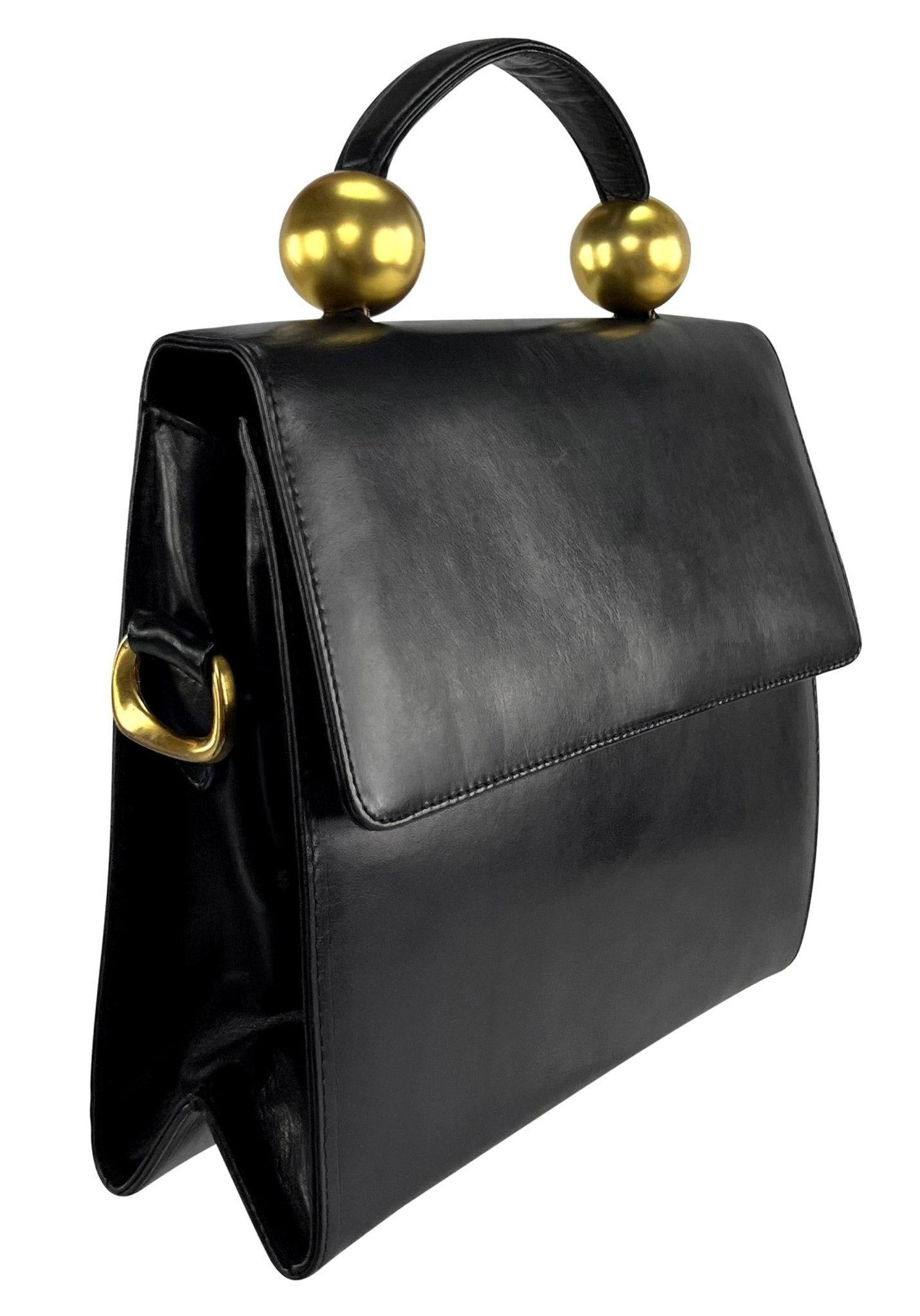 1980s Donna Karan Gold Bauble Black Leather Top Handle Crossbody Bag - RealList