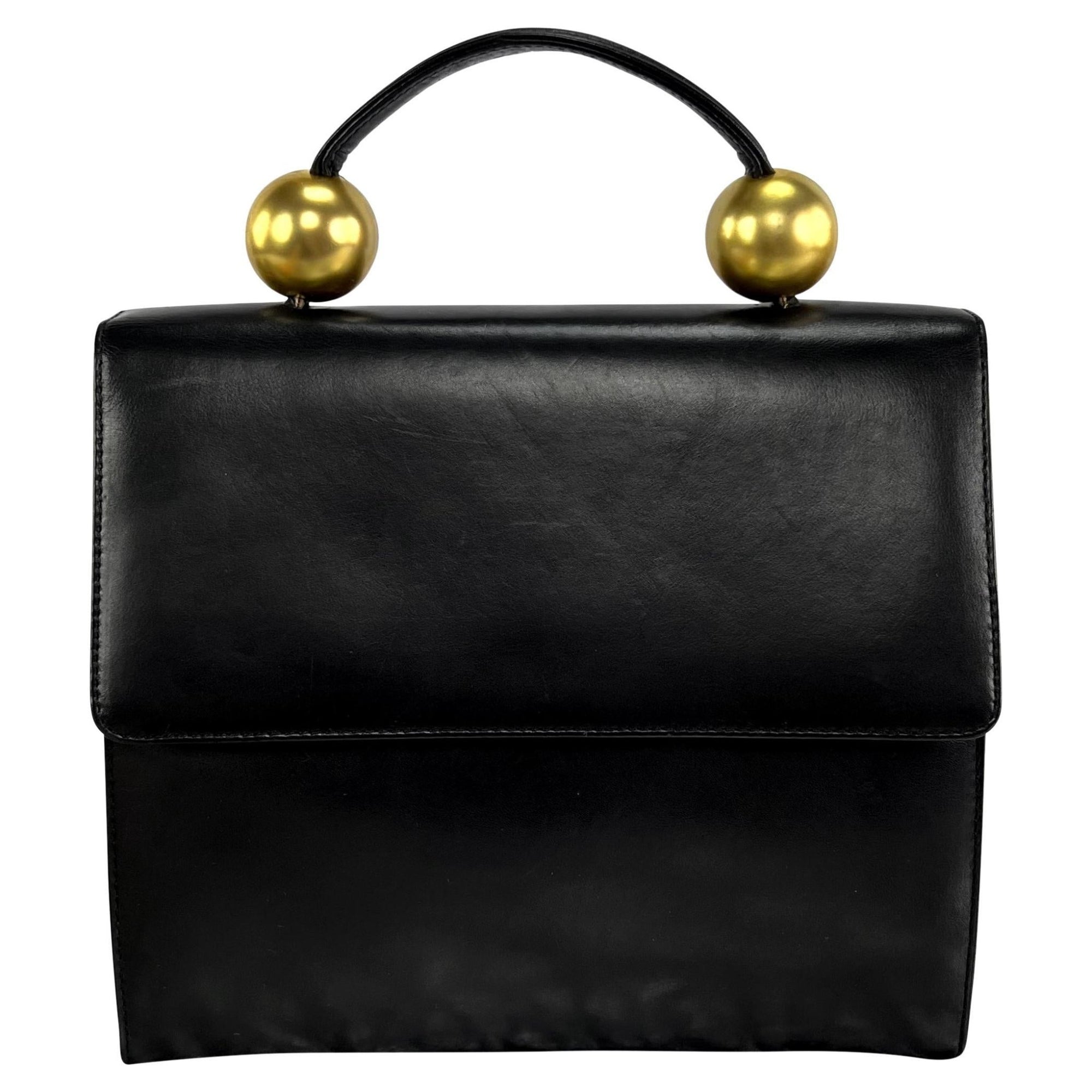 1980s Donna Karan Gold Bauble Black Leather Top Handle Crossbody Bag - RealList