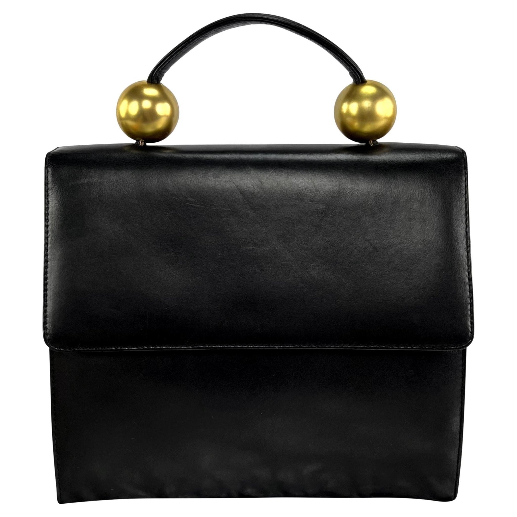 1980s Donna Karan Gold Bauble Black Leather Top Handle Crossbody Bag - RealList