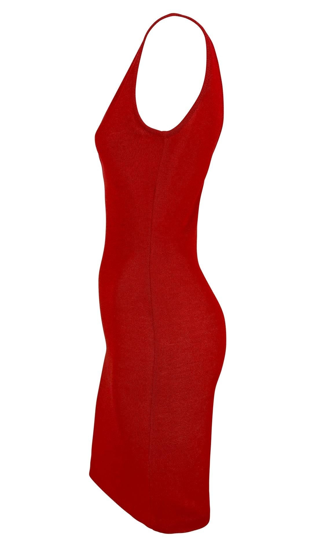 1980s Donna Karan Sheer Red Knit Bodycon V Neck Cocktail Dress - RealList