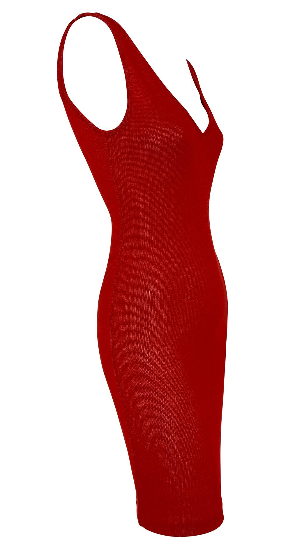 1980s Donna Karan Sheer Red Knit Bodycon V Neck Cocktail Dress - RealList