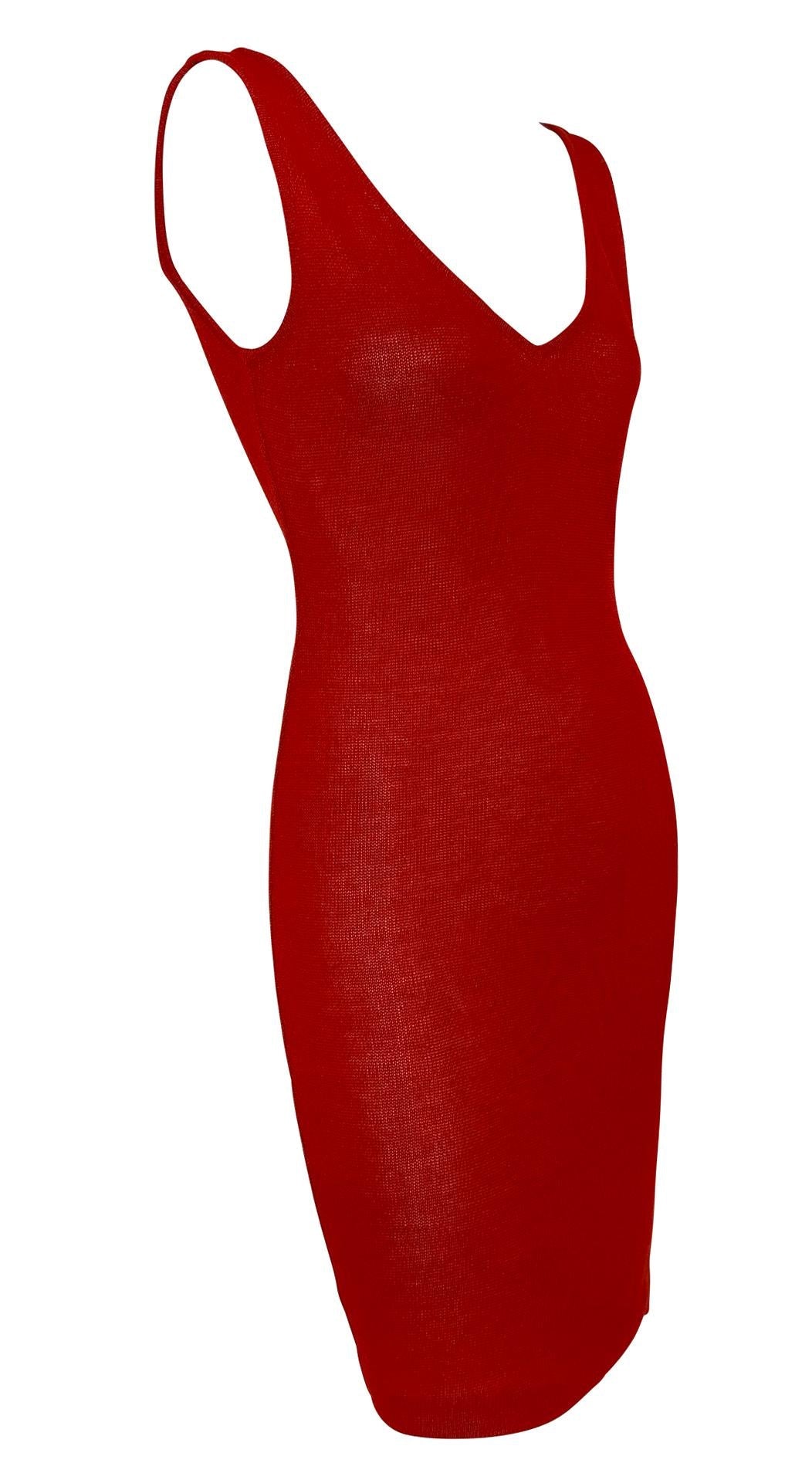 1980s Donna Karan Sheer Red Knit Bodycon V Neck Cocktail Dress - RealList
