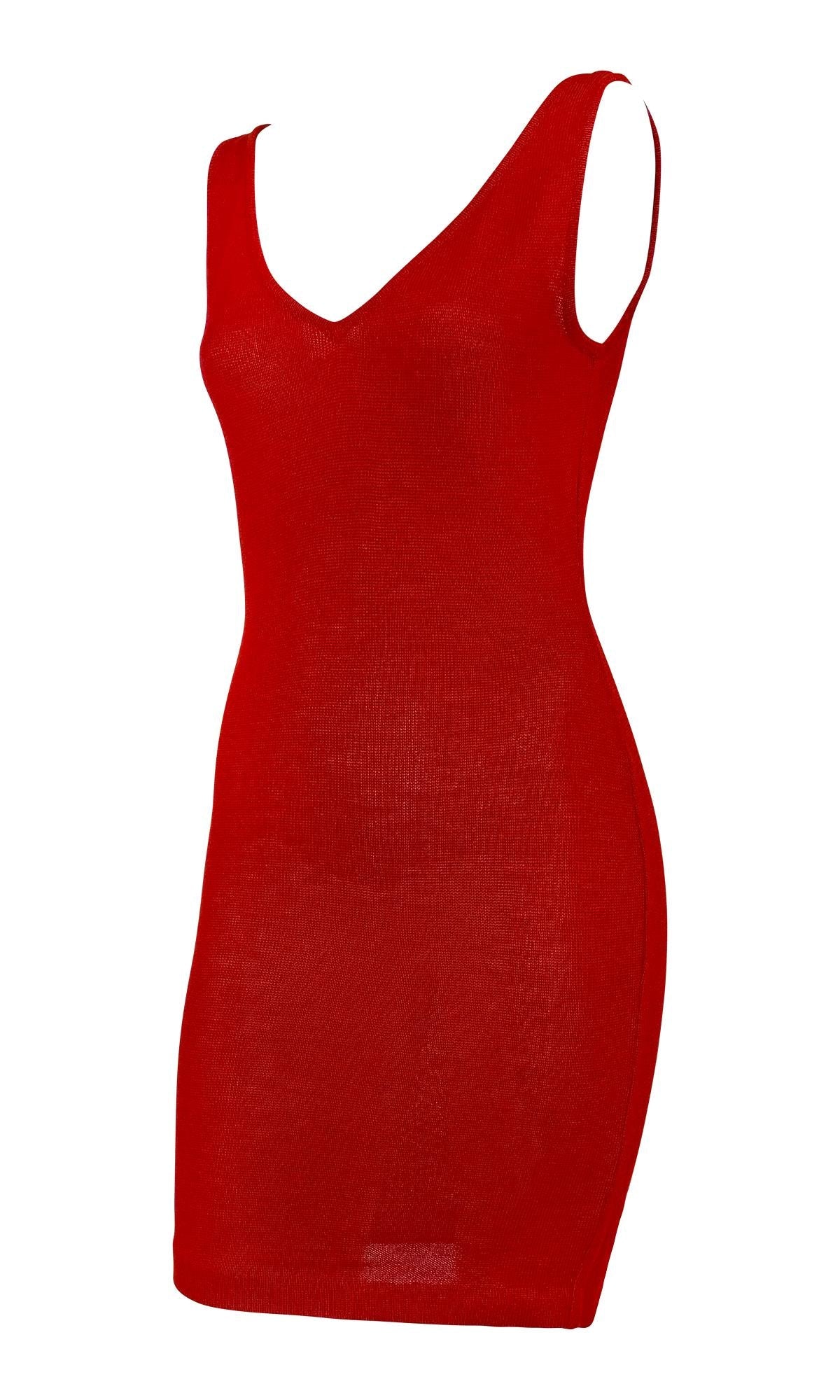 1980s Donna Karan Sheer Red Knit Bodycon V Neck Cocktail Dress - RealList