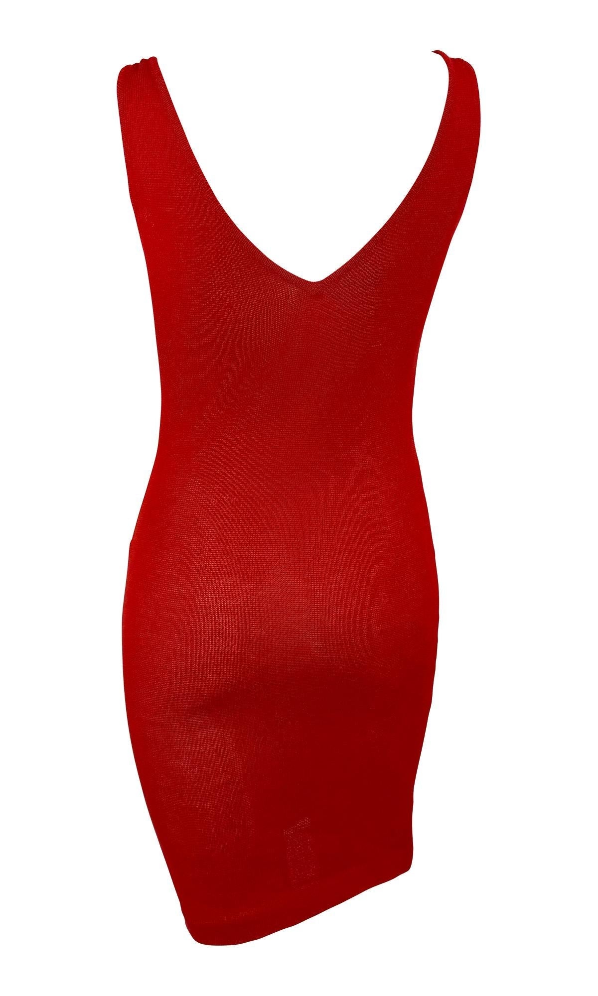 1980s Donna Karan Sheer Red Knit Bodycon V Neck Cocktail Dress - RealList