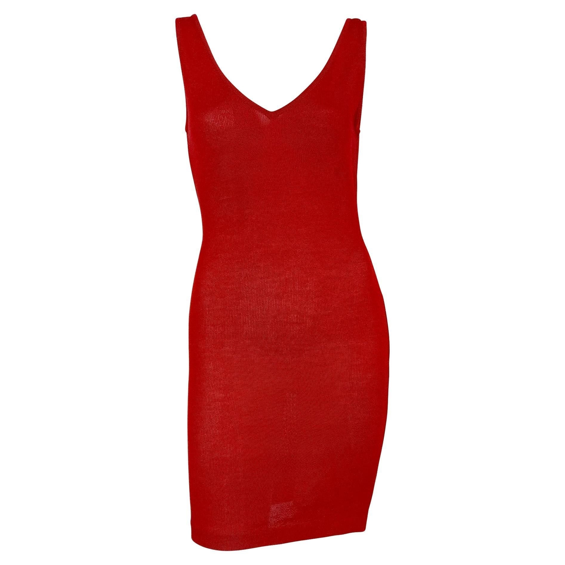1980s Donna Karan Sheer Red Knit Bodycon V Neck Cocktail Dress - RealList