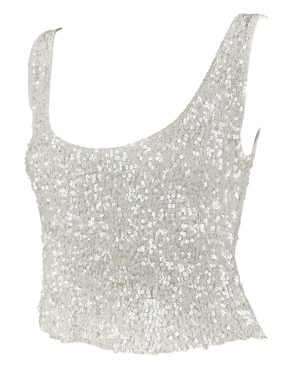 1980s Donna Karan White Sequin Embellished Sheer Stretch Knit Low Scoop Tank Top - RealList