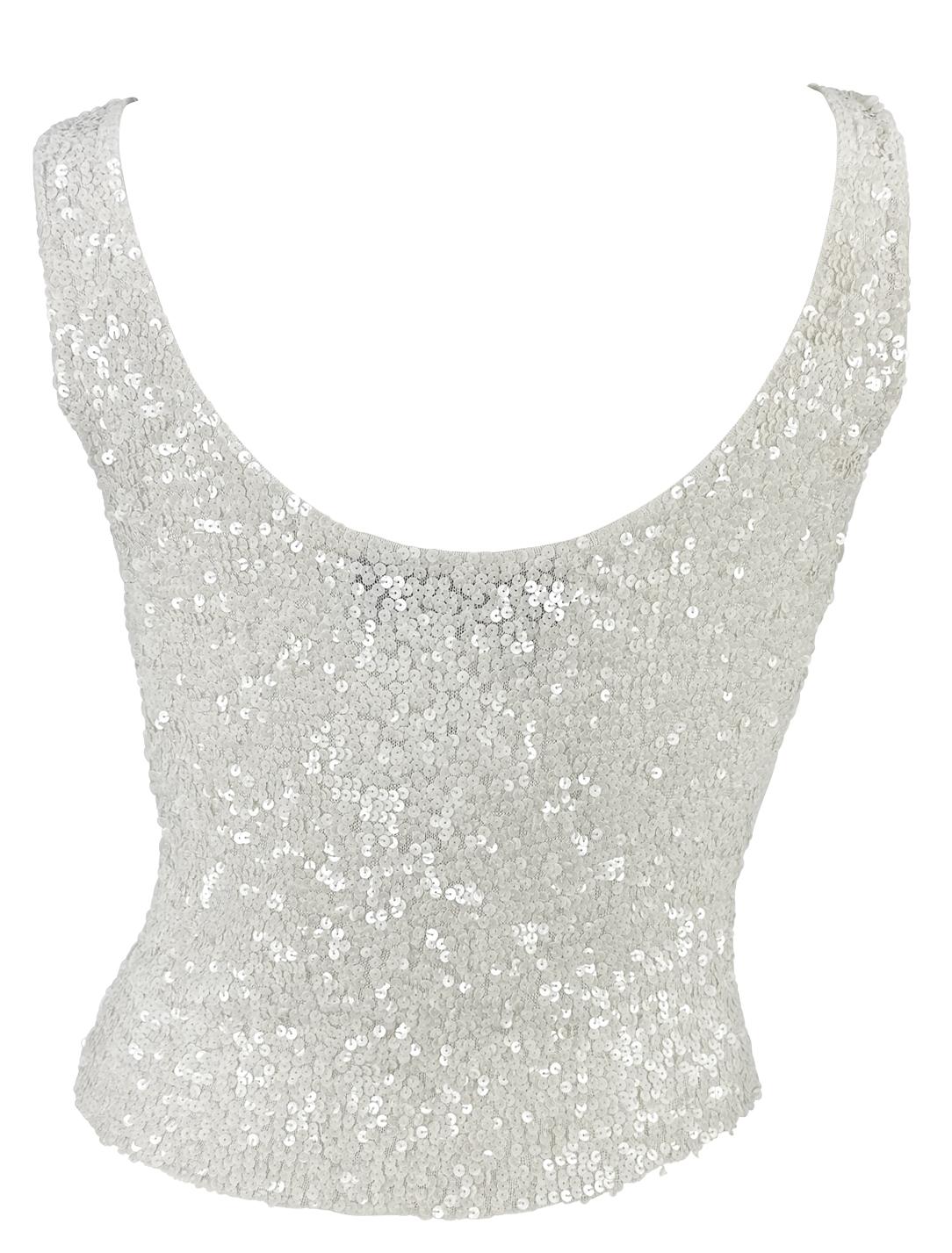 1980s Donna Karan White Sequin Embellished Sheer Stretch Knit Low Scoop Tank Top - RealList