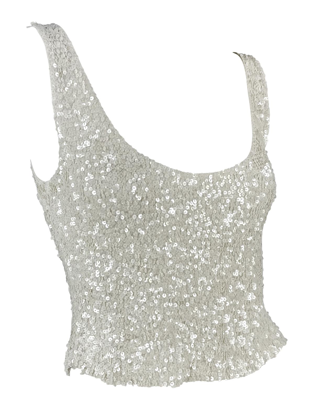 1980s Donna Karan White Sequin Embellished Sheer Stretch Knit Low Scoop Tank Top - RealList