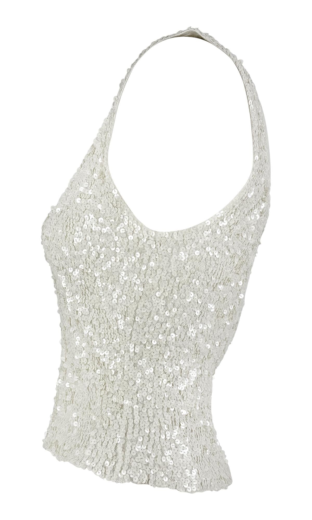1980s Donna Karan White Sequin Embellished Sheer Stretch Knit Low Scoop Tank Top - RealList