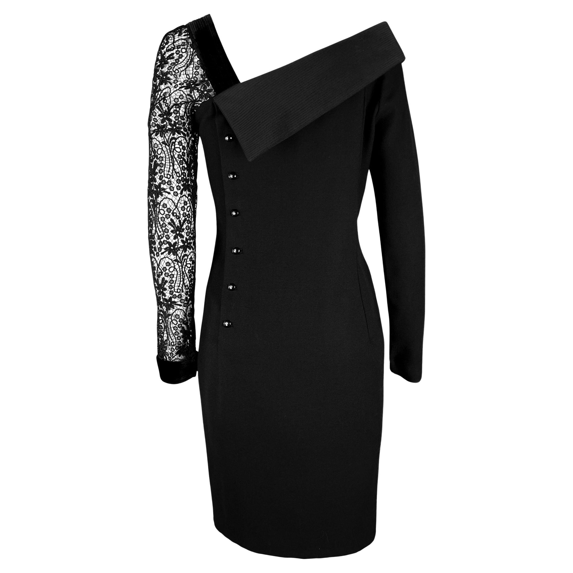 1980s Gianni Versace Black Asymmetric Lace Sleeve Cocktail Dress - RealList