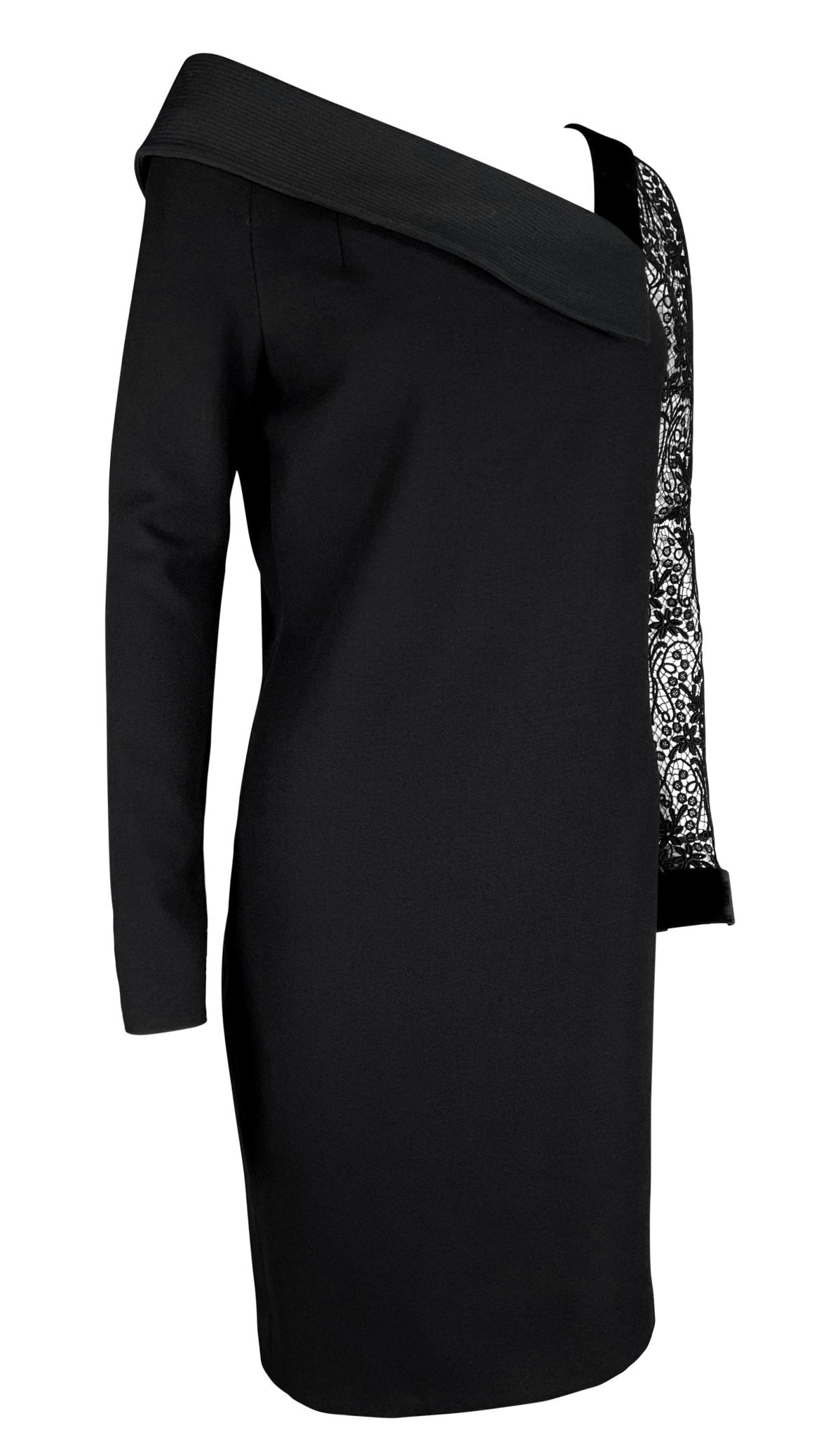 1980s Gianni Versace Black Asymmetric Lace Sleeve Cocktail Dress - RealList