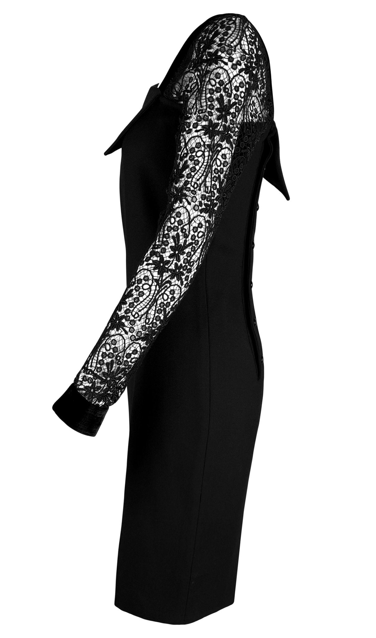 1980s Gianni Versace Black Asymmetric Lace Sleeve Cocktail Dress - RealList