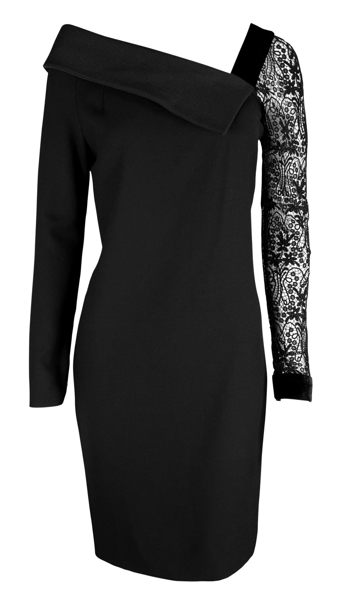 1980s Gianni Versace Black Asymmetric Lace Sleeve Cocktail Dress - RealList