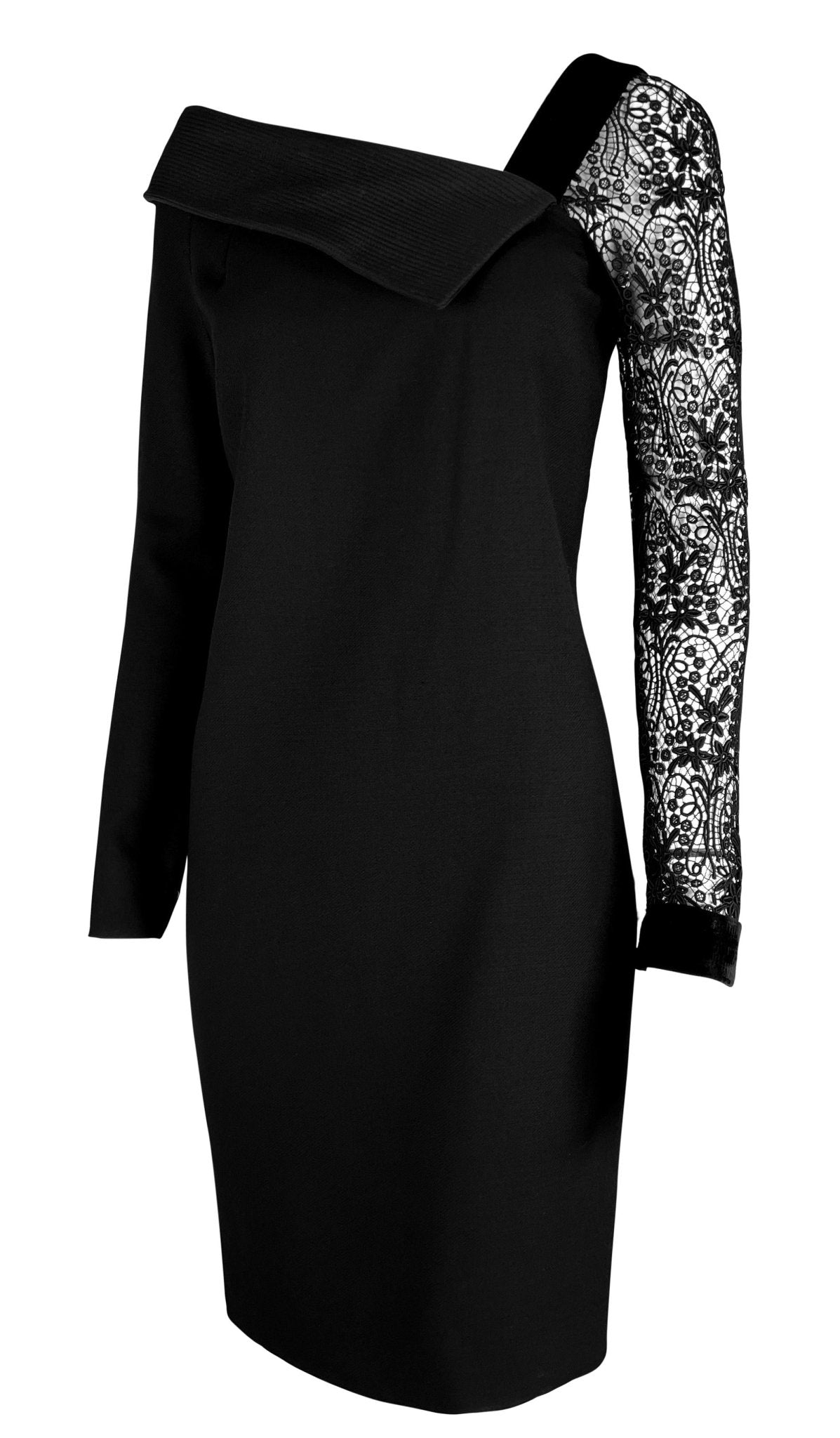 1980s Gianni Versace Black Asymmetric Lace Sleeve Cocktail Dress - RealList