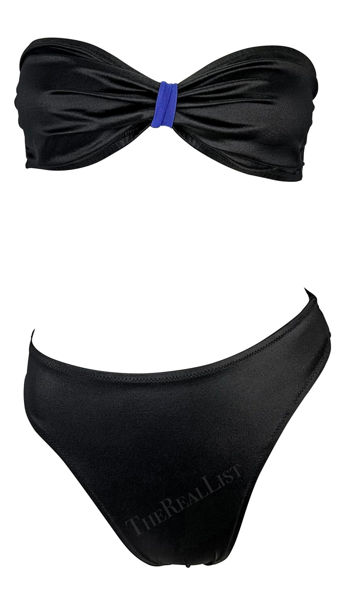 1980s Gianni Versace Blue Black Wrap Tie Strapless Two - Piece Bikini Swimsuit - RealList