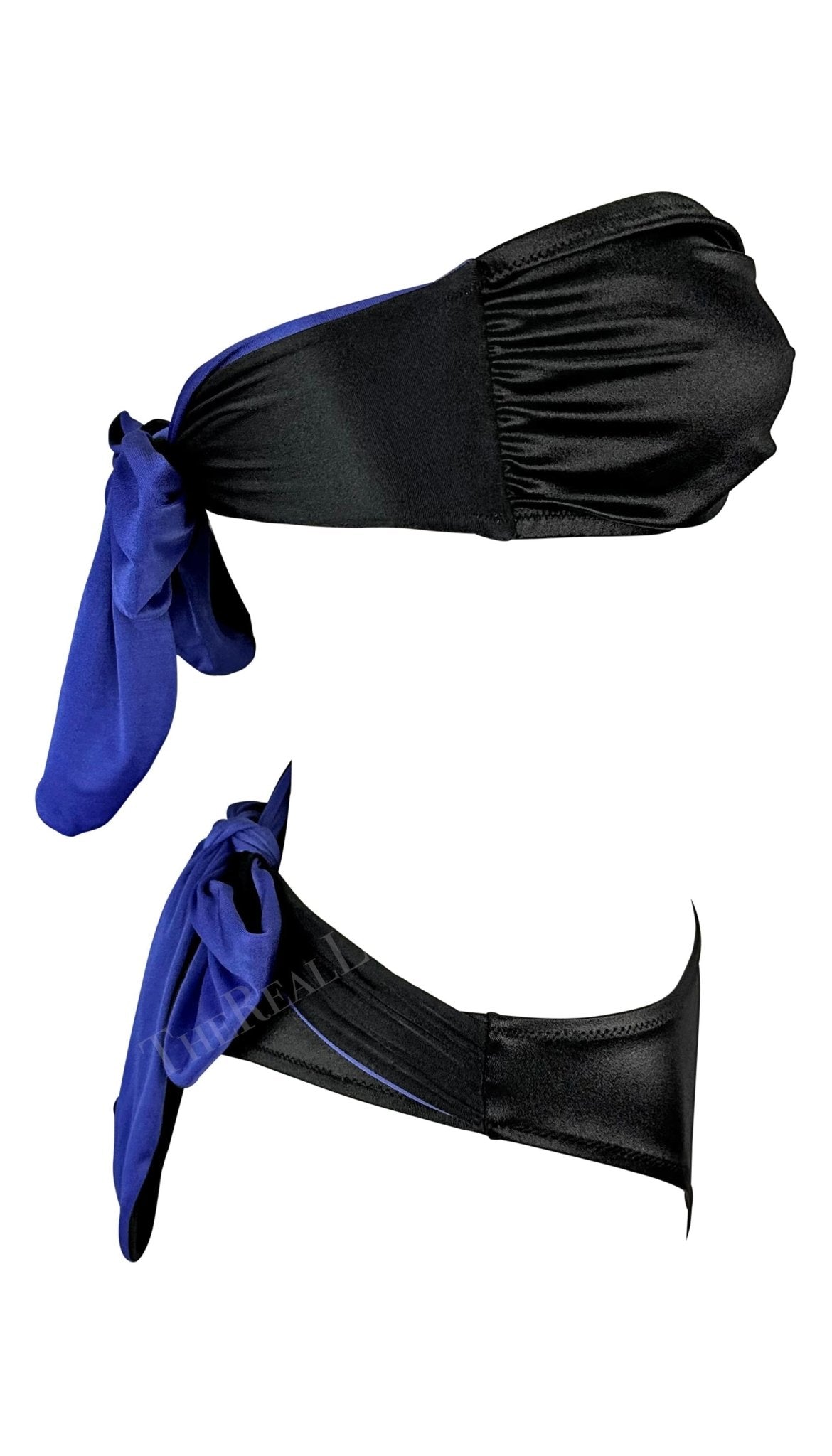 1980s Gianni Versace Blue Black Wrap Tie Strapless Two - Piece Bikini Swimsuit - RealList