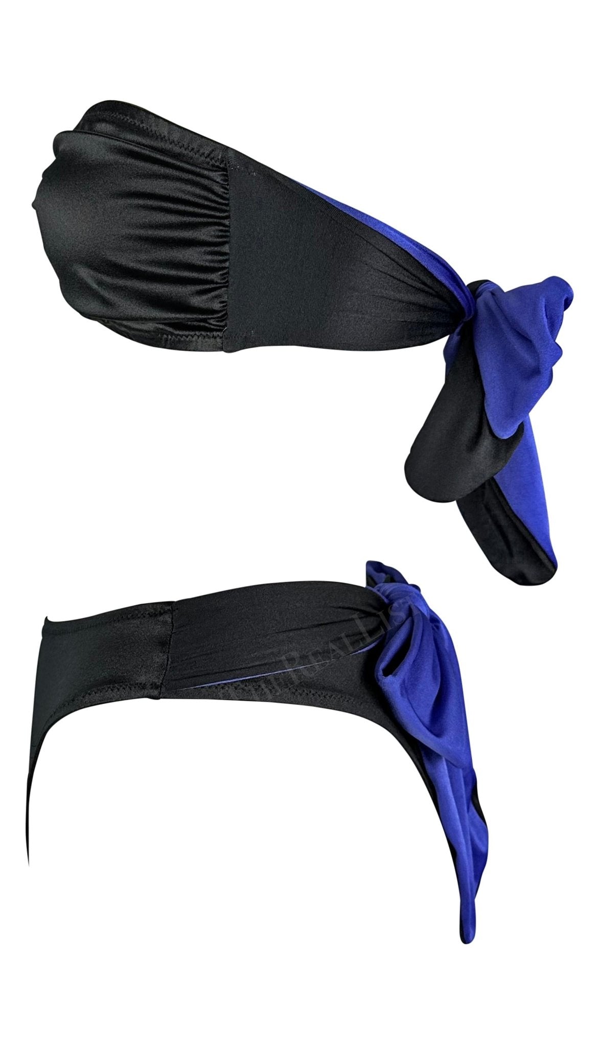 1980s Gianni Versace Blue Black Wrap Tie Strapless Two - Piece Bikini Swimsuit - RealList