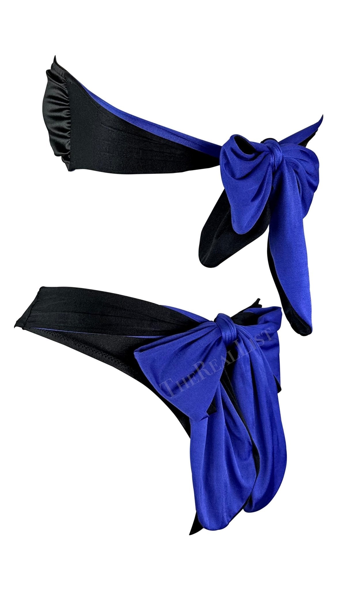 1980s Gianni Versace Blue Black Wrap Tie Strapless Two - Piece Bikini Swimsuit - RealList