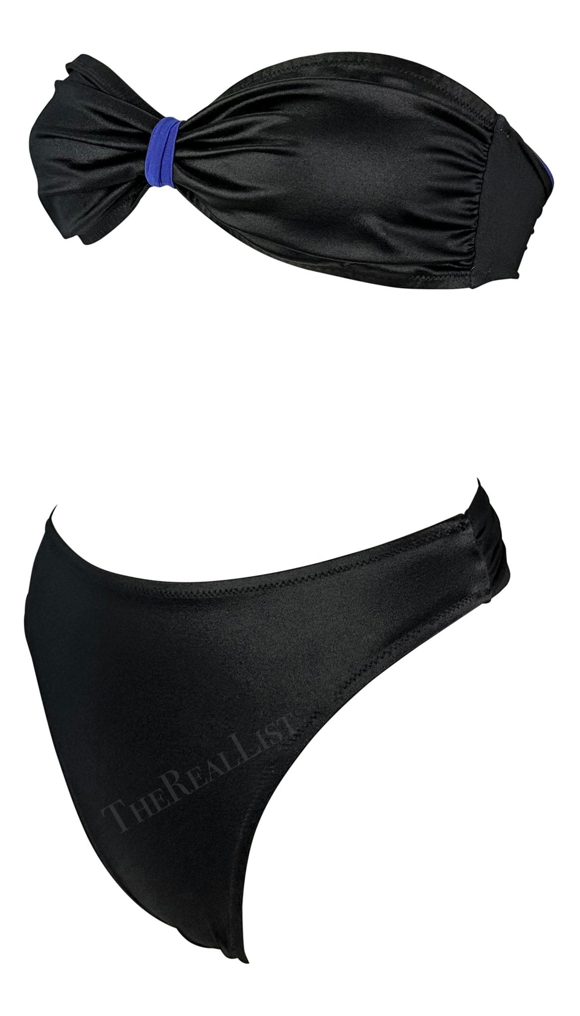 1980s Gianni Versace Blue Black Wrap Tie Strapless Two - Piece Bikini Swimsuit - RealList